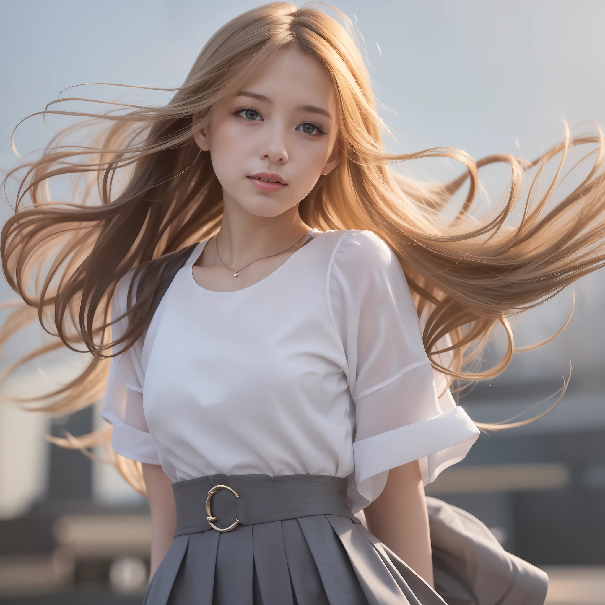 "(Best picture quality、A masterpice), white backgrounid, Ultra-thin paper，Sparkling, Beautiful and tasteful, The wind blew for a long time, curly blond hair, Vivid and stunning，Scottish pleated skirt，Greater wind，The wind blows hair，Floating hair，Static clothes，Short sleeved bodice。"