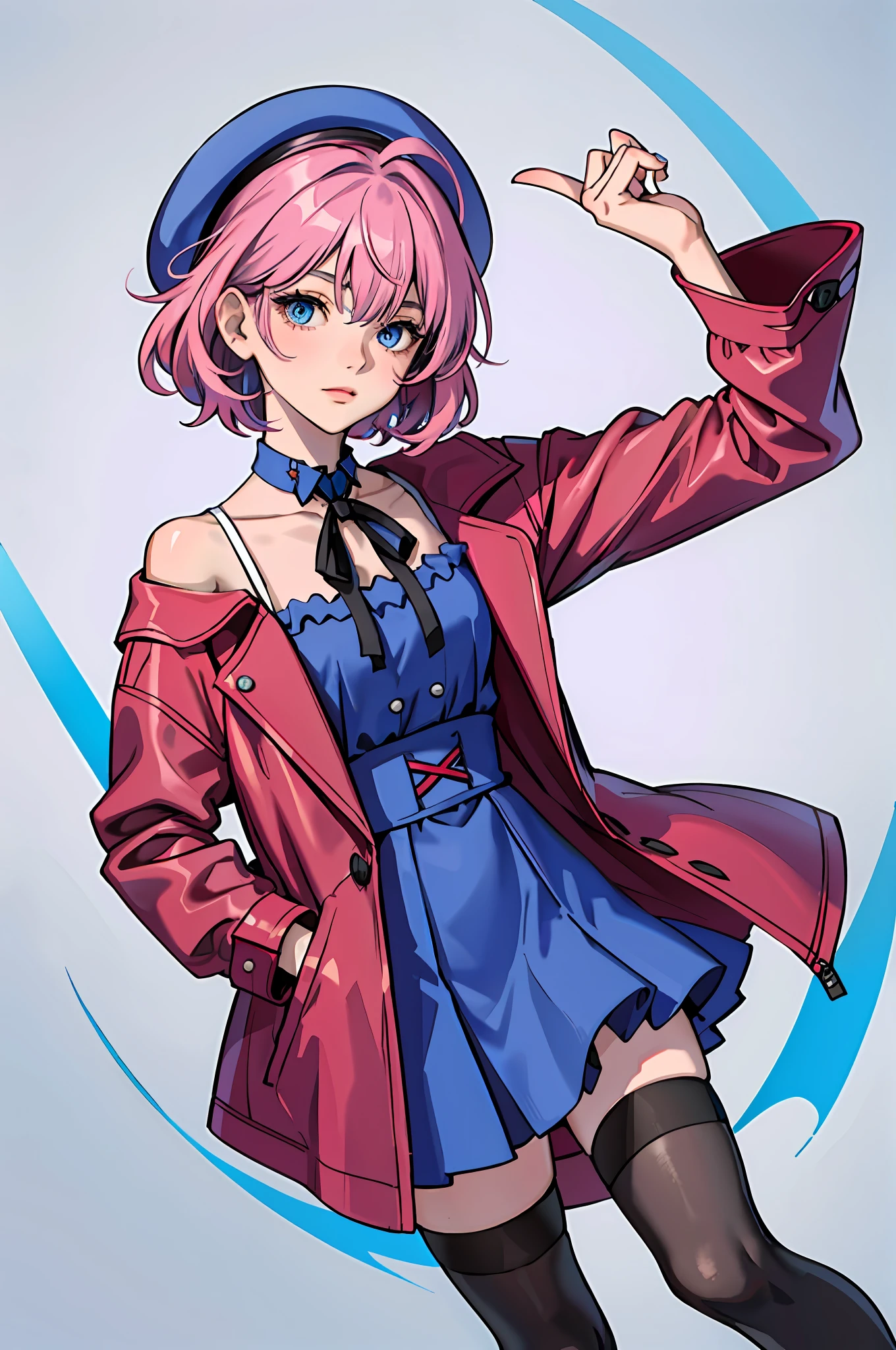 (masterpiece:1.2, best quality), (1girl, solo:1.2), short hair, blue eyes, blue ribbon, black thighhighs, neck ribbon, collarbone, pink dress, red coat, pink headwear,