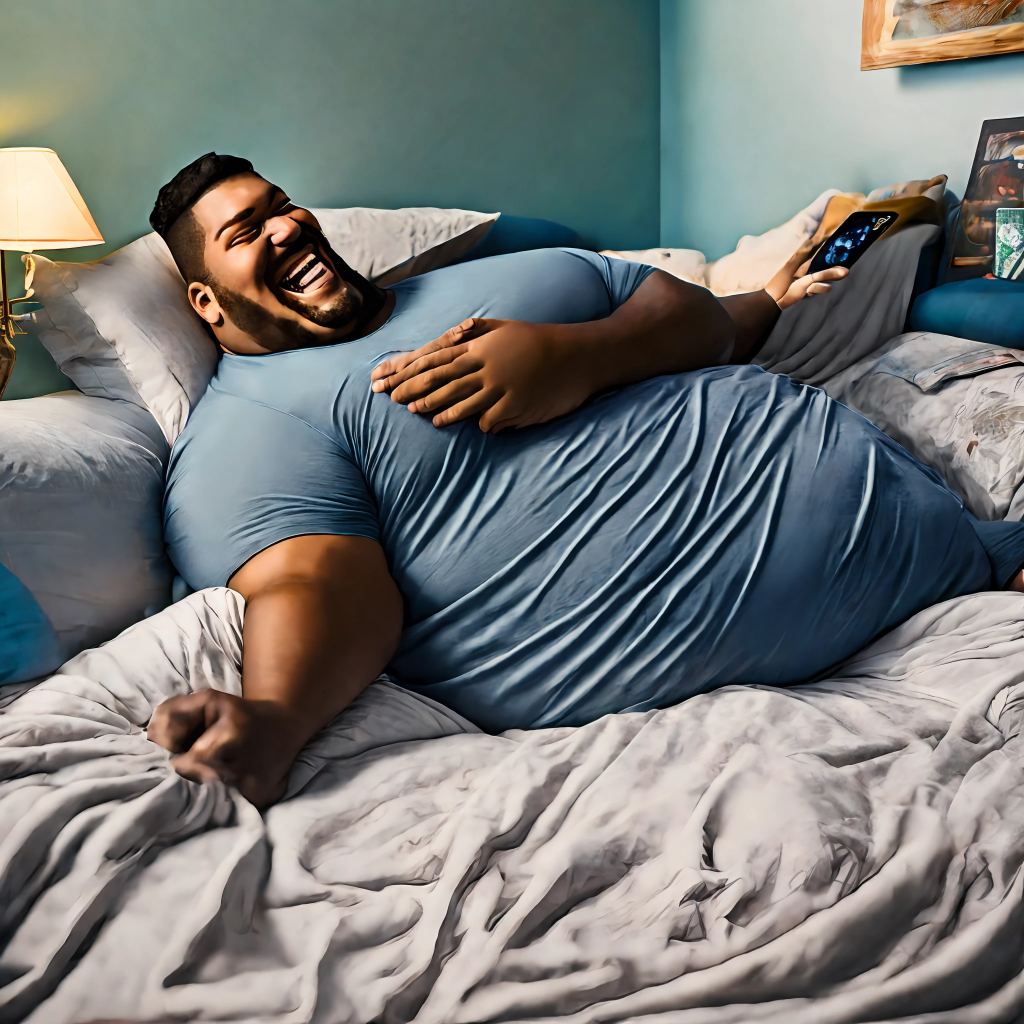 Highest image quality,4K ,The is very detailed,A -yeld 25ound fat man with a goatee leaning against a pillow,Pedaling your legs,Laughing,Lie on top of bed three in the bedroom,Play Naruto mobile game, --auto