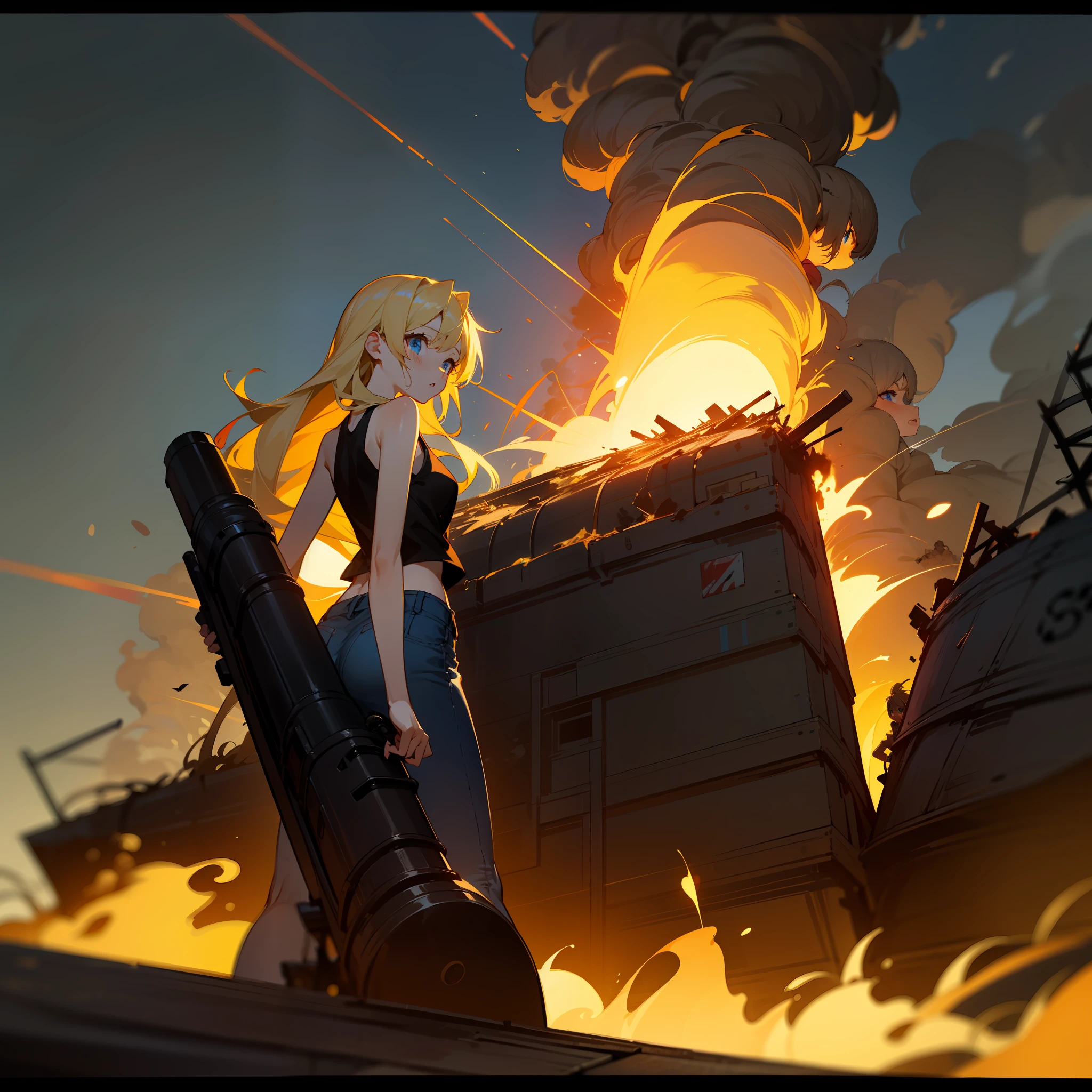 ​masterpiece, Top image quality, hight resolution, Beautiful blonde girl、女の子1人、Whole human body、Blue eyes、deadpan、Black tank top、jean skirt、semi long hair、is standing、showing butt、Shot a bazooka、by night、Naval port blown up in flames、Building in flames、Ship blasted into flames