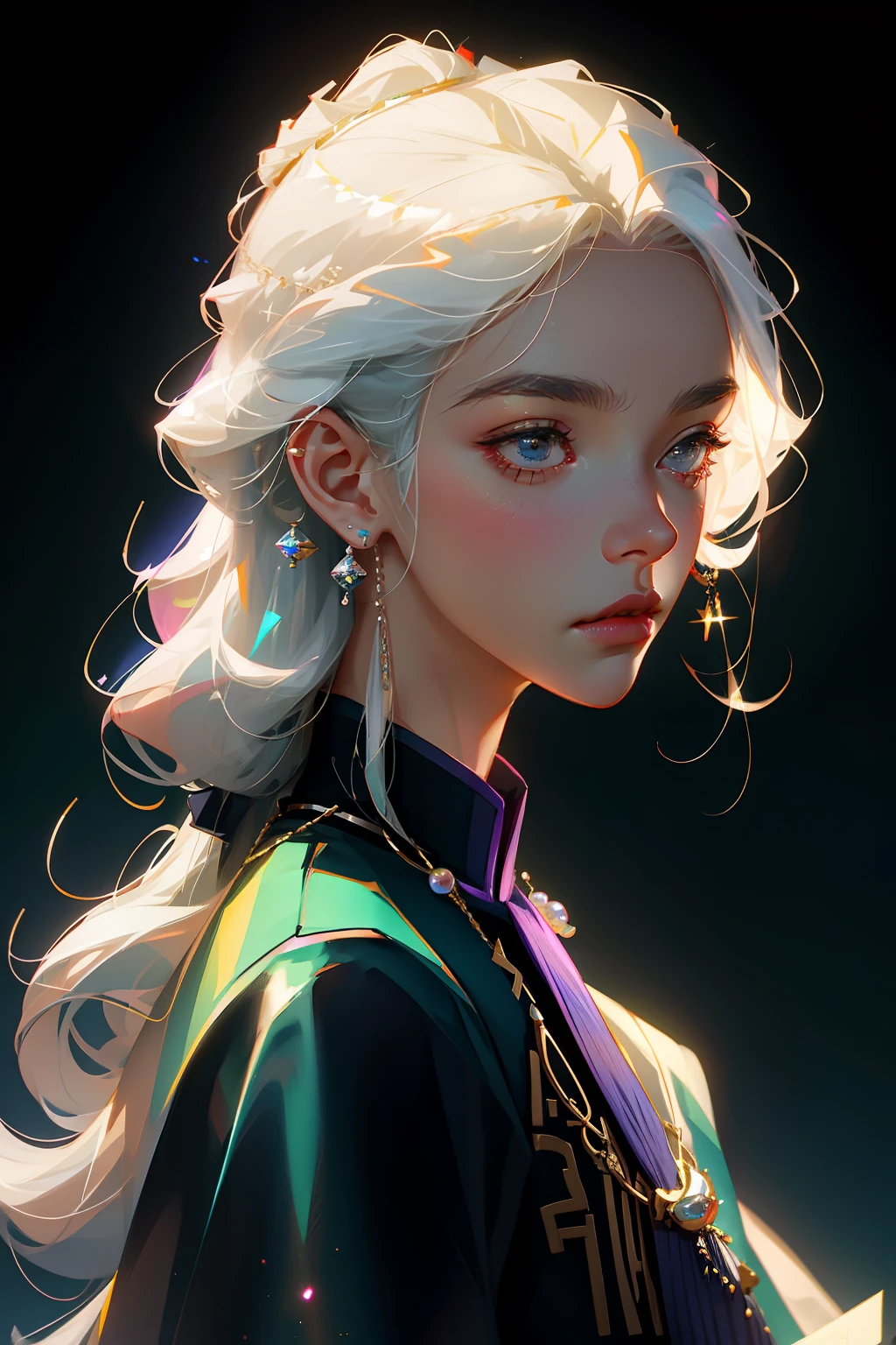HighestQuali，Perfect masterpiece，Perfect artwork，8K，（portrait of upper body：1.5），（（（seen from the side：1.2））），Close-up Shot Shot，delicated face，white hair boy，backpacks，Palace Museum，（brunette color hair：1.3），Curly-haired boy，（（（Male characters））），（with black background：1.3），Pearl hallucination，3S material，k hd，Detailed representation，c4d，3D，rendering by octane，Ray traching，complexdetails，animation lighting，OC renderer，8k，