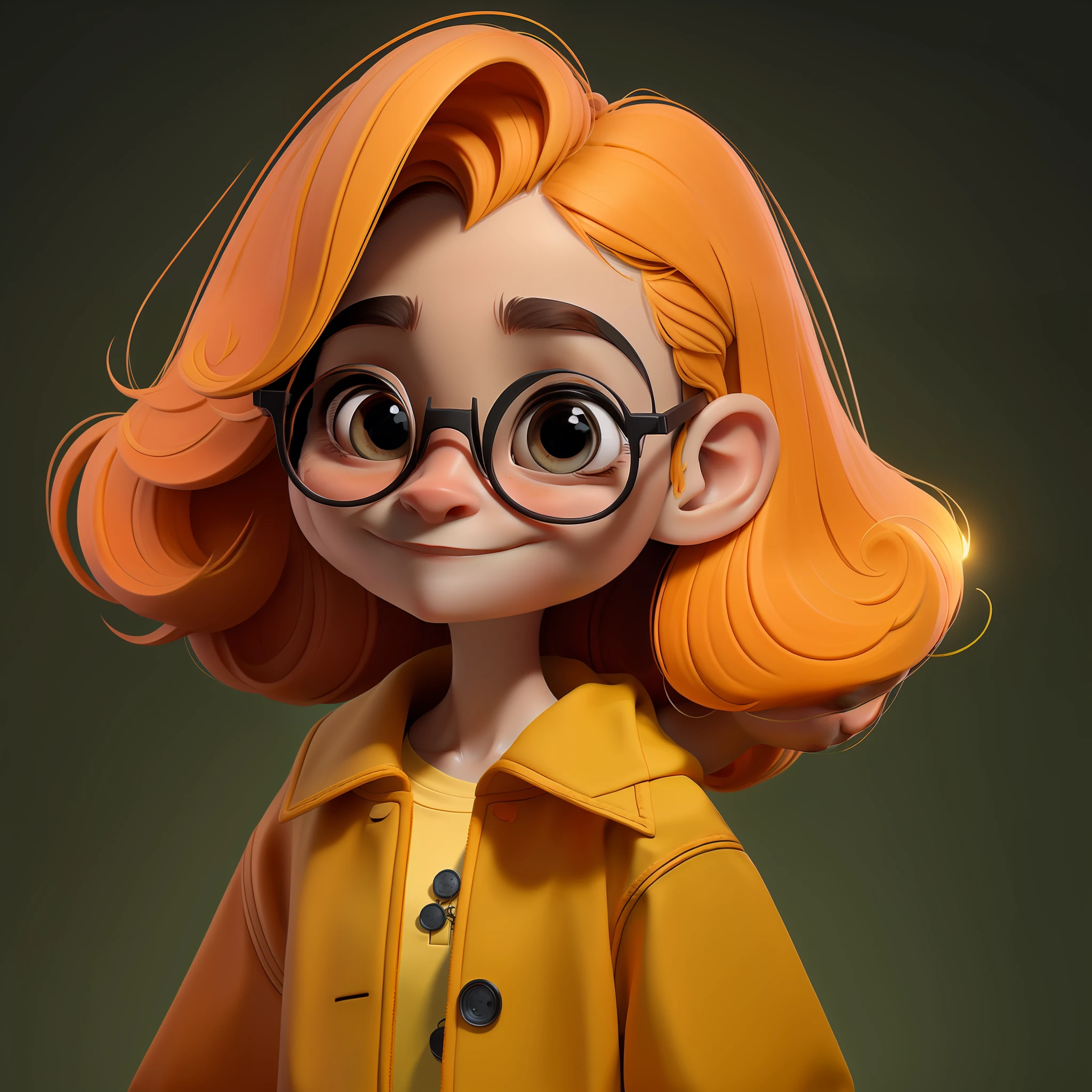 sozinho, 1girl, Foco feminino, fundo simples, sorrir, female child, Round Eyewear, cabelo curto, boca fechada, Orange is a magical color with a warm and friendly personality. Ela tem um tom laranja brilhante, com cabelos liso e fofos como, cabelo todo laranja. Seus olhos irradiam bondade e afeto. Olhos laranja