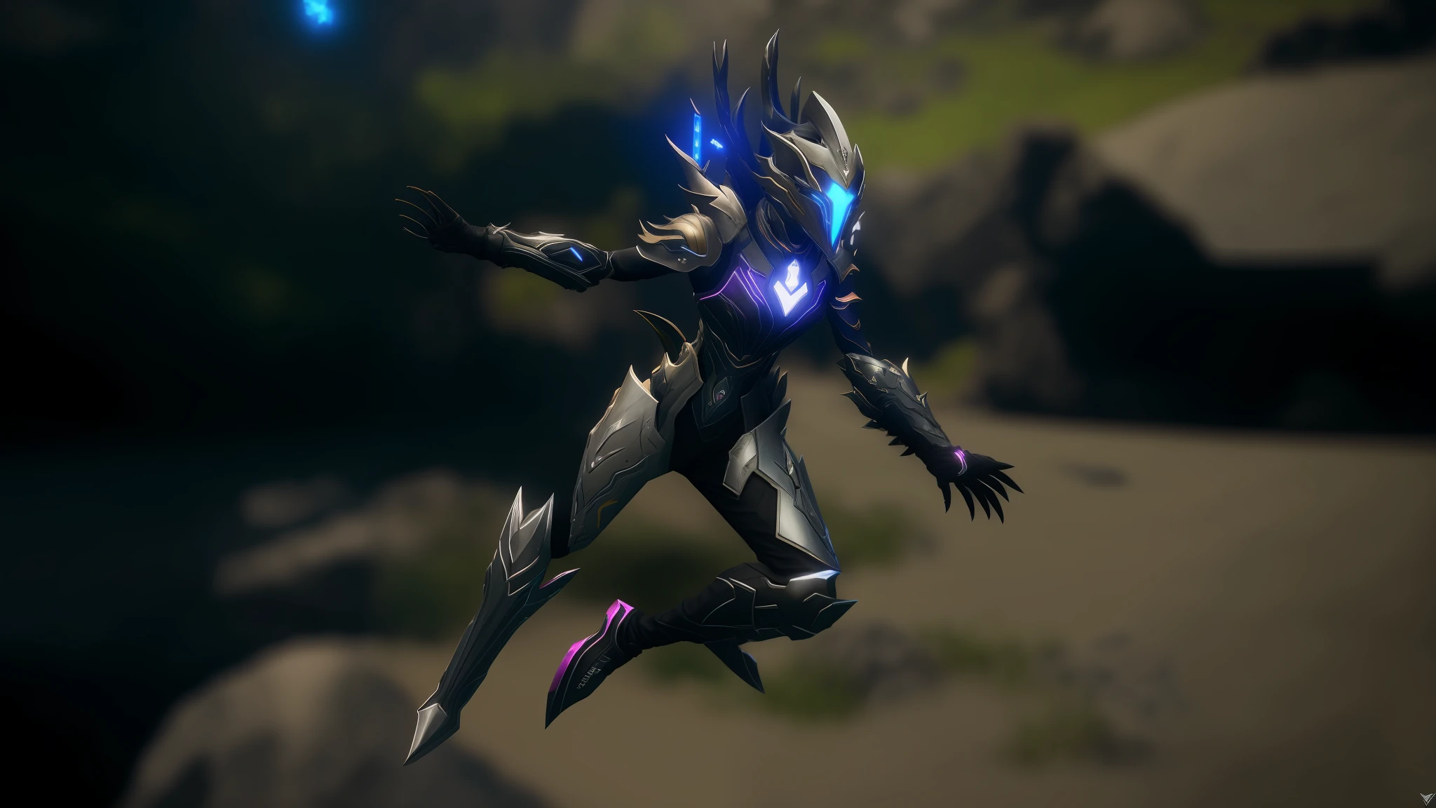 There's a futuristic woman who's jumping, pele obsidianos, Warframe detalhado, Armadura refletida da cor do gelo da lasca, of a beautiful female warframe, armadura warframe, de um belo warframe saryn, pernas grossas de warframe, pernas grossas e lisas da estrutura de guerra, pele platina, pele obsidiana, sharp silver armor fuchsia skin, warframe hound