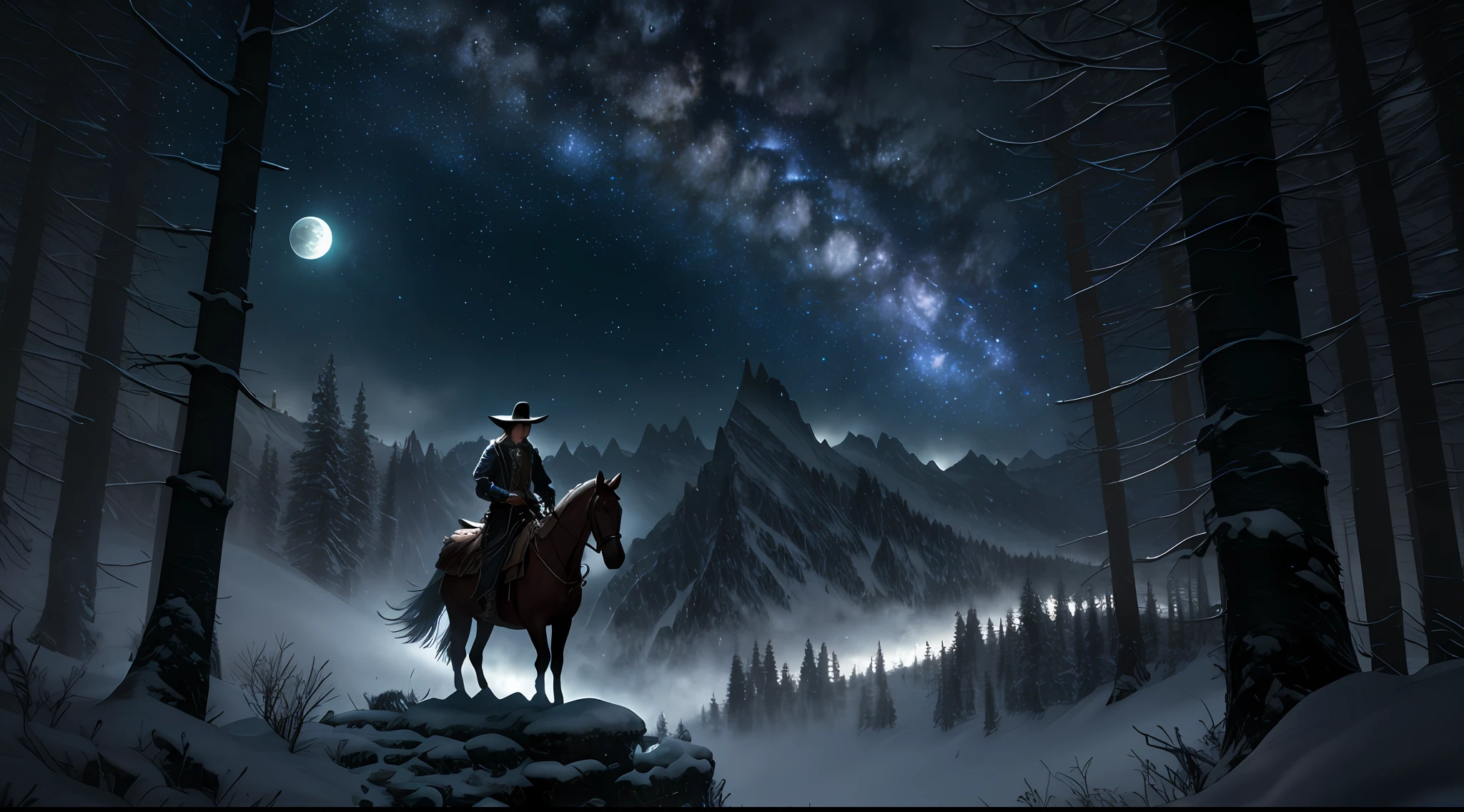 epic scene, (hdr:1.4), masterpiece, moon, ornate, trending on artstation, background, fantasy wizard hat, shining stars, white shirt, shooting stars in the sky, fully clothed, cgi, outdoors, abstract expressionism, mountain, experimental, Exquisite, cowboy shot, forest, flashlight  1girl, photorealistic painting art by Midjourney and Greg Rutkowski, Dystopian, color, (ultra-detailed), deep levels, nature, cold face, figurative,