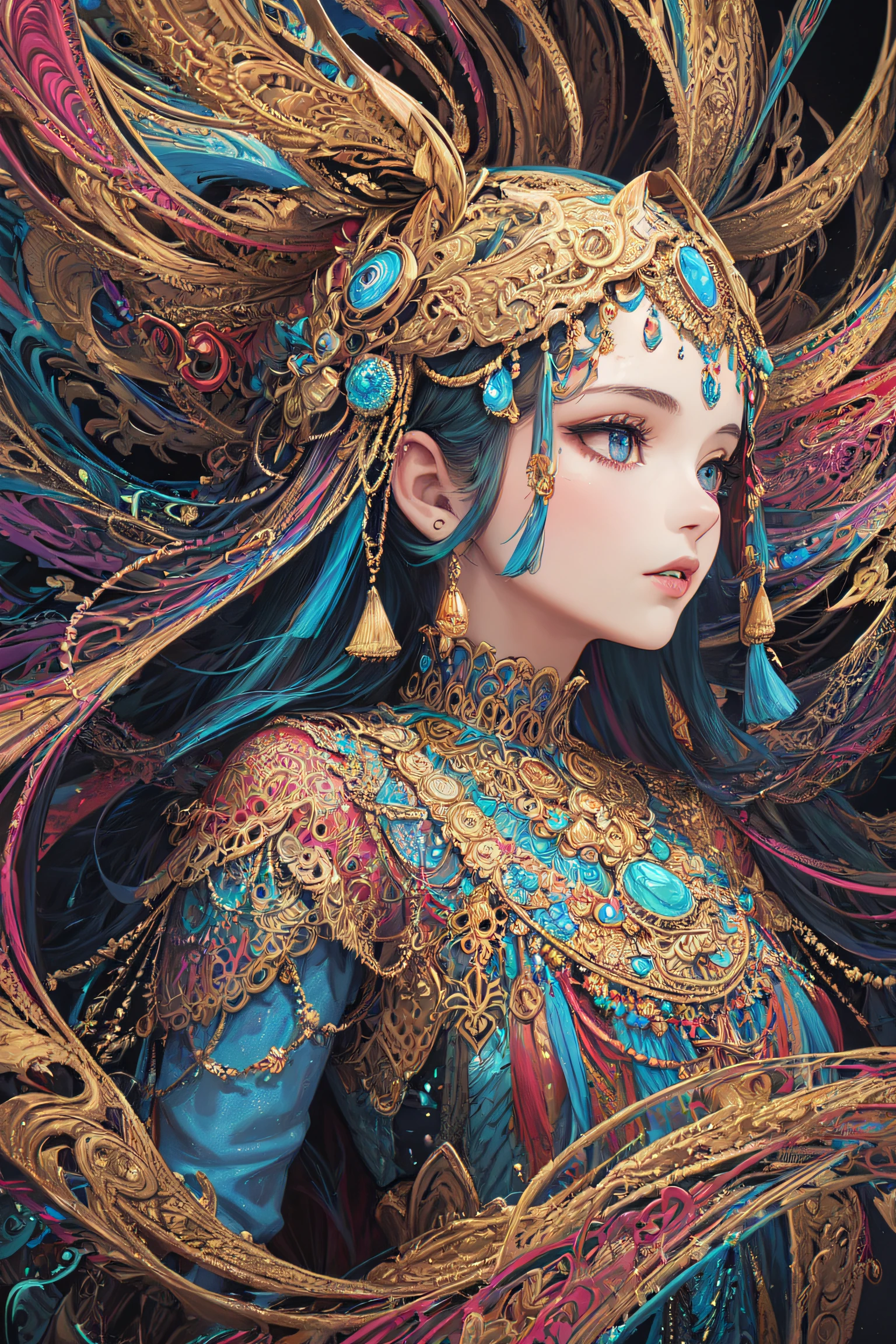 (masterpiece, top quality, best quality, official art, beautiful and aesthetic:1.2), (1girl:1.3), extremely detailed,(fractal art:1.2),colorful,highest detailed,(zentangle:1.2), (dynamic pose), (abstract background:1.5), (treditional dress:1.2), (shiny skin), (many colors:1.4), upper body