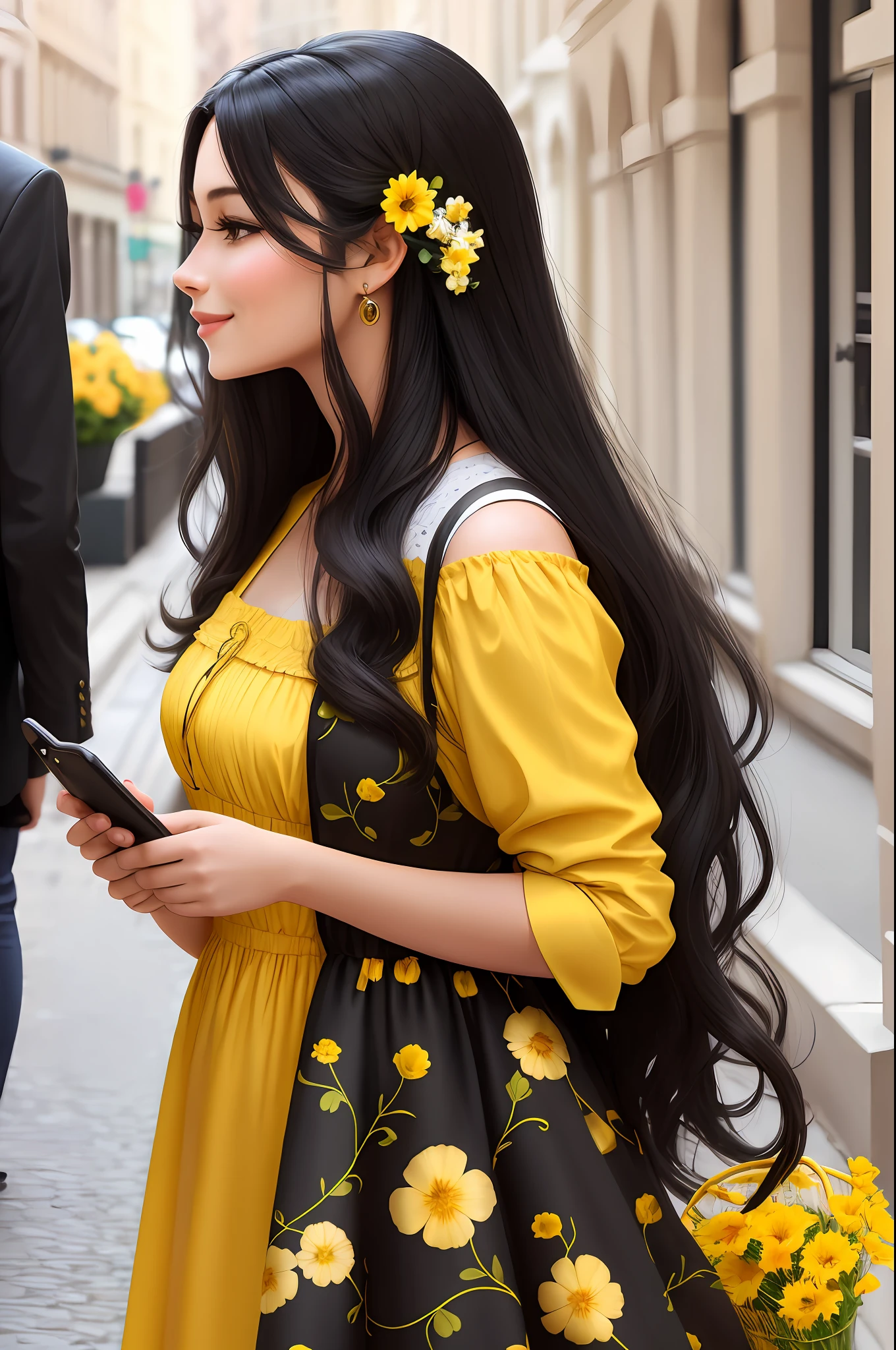 A woman in profile, looking at her cell phone smiling, long black hair, yellow dress with flowers