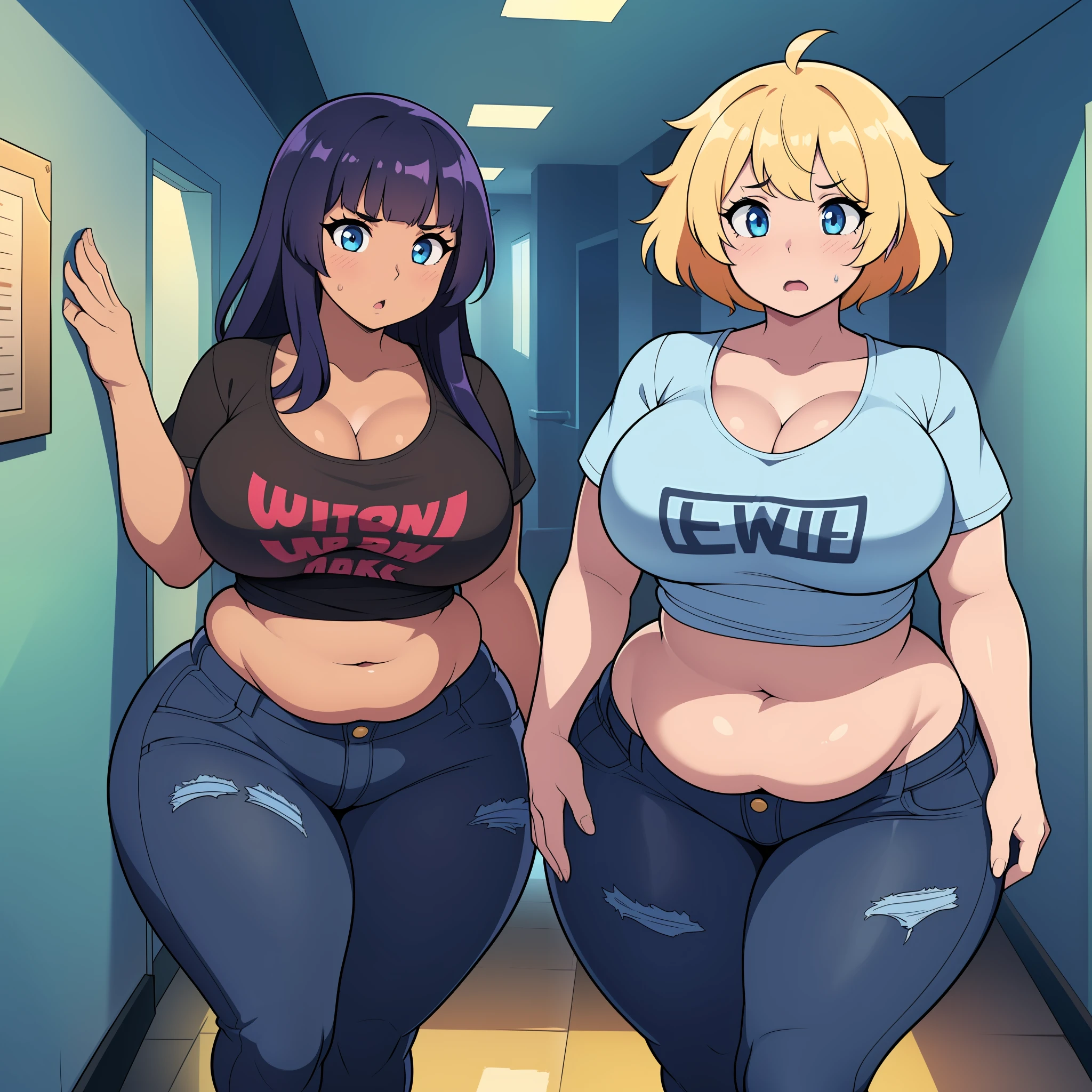 (((kipteitei art))), ((masterpiece)), (((best quality))), ((ultra-detailed)), (((illustration))), detailed face, detailed body, ((2girls)), ((Line art)), (in the style of cell shaded), (vivid colors), skindentation, (((fluffy hair))), looking at viewer, surprised, shocked, worried, tee shirt, blue jeans, skirt, (undersized clothes), ((tight clothes)), ((school hallway)), medium breasts, cleavage, perky breasts, (pudgy), belly hang, fat folds, tummy bulge, soft body, gaining weight, (((wide hips))), ((((thick thighs)))), 2 girls standing next to each other,