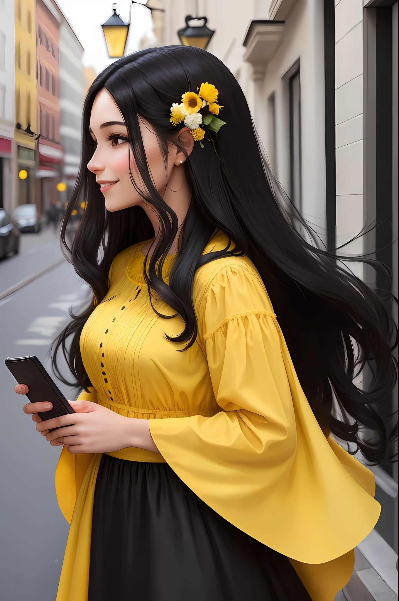 A woman in profile, looking at her cell phone smiling, long black hair, yellow dress with flowers