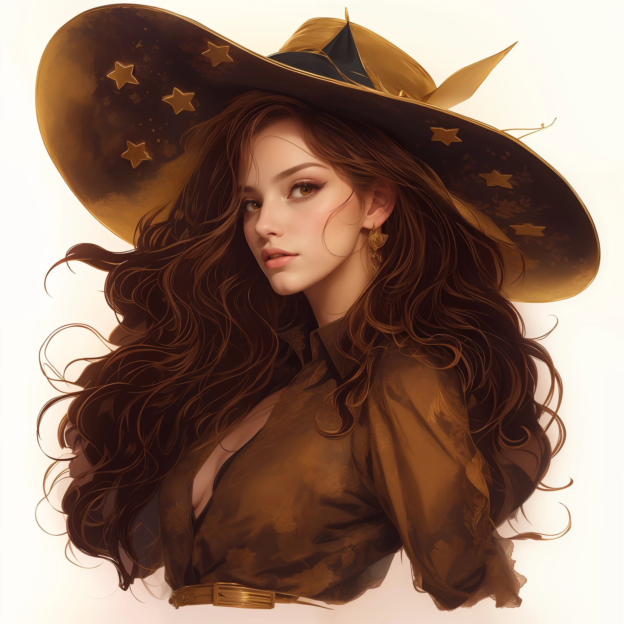 A painting of a woman wearing a hat and a star on her head, beautiful cowboy witch, portrait of a young witch girl, Portrait of a young witch, Beautiful Rapunzel, in the art style of bowater, beautiful female witch, classical witch, beautiful wizard, author:Araki Rv Hihiko, Illustration art style, Official illustration,tmasterpiece,best qualtiy,A high resolution:1.4),A detailed,complexdetails,4K,