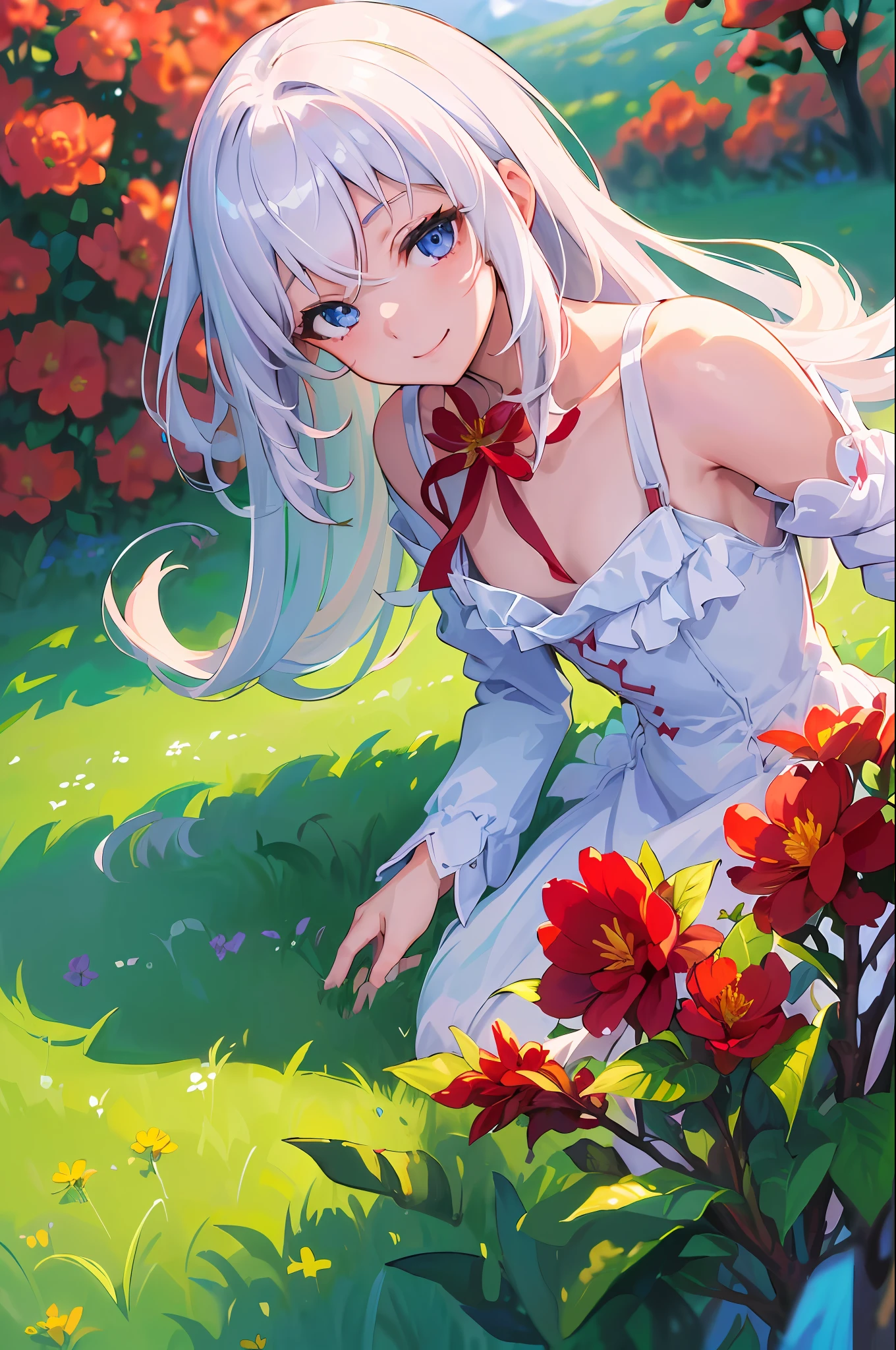(Masterpiece, Best quality, A high resolution:1.4), 1girll, ((Unity 8k wallpaper, illustration, , beautiful and delicate detailed girl)), Small breasts, flower field, flower, Red flower, plant, flower field, Smile,girl, long hair, white hair, blue eyes,