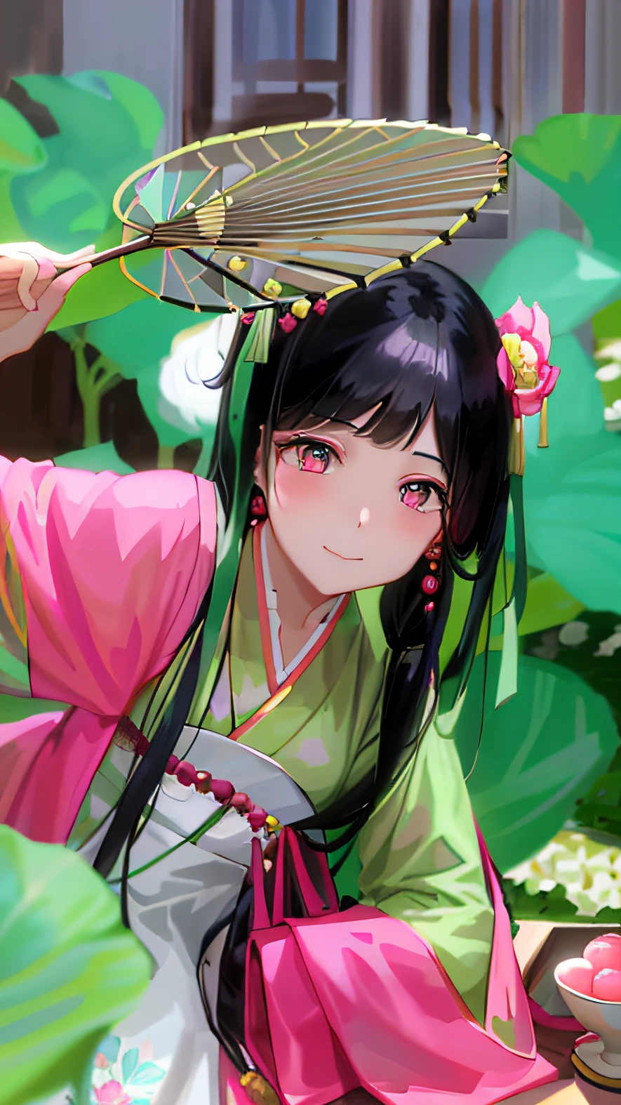 best qualtiy, tmasterpiece, 超高分辨率,Asian woman in pink and green dress holding fan, Naive romance,Slim,adolable,Innocent,delicated face,Vibrant eyes