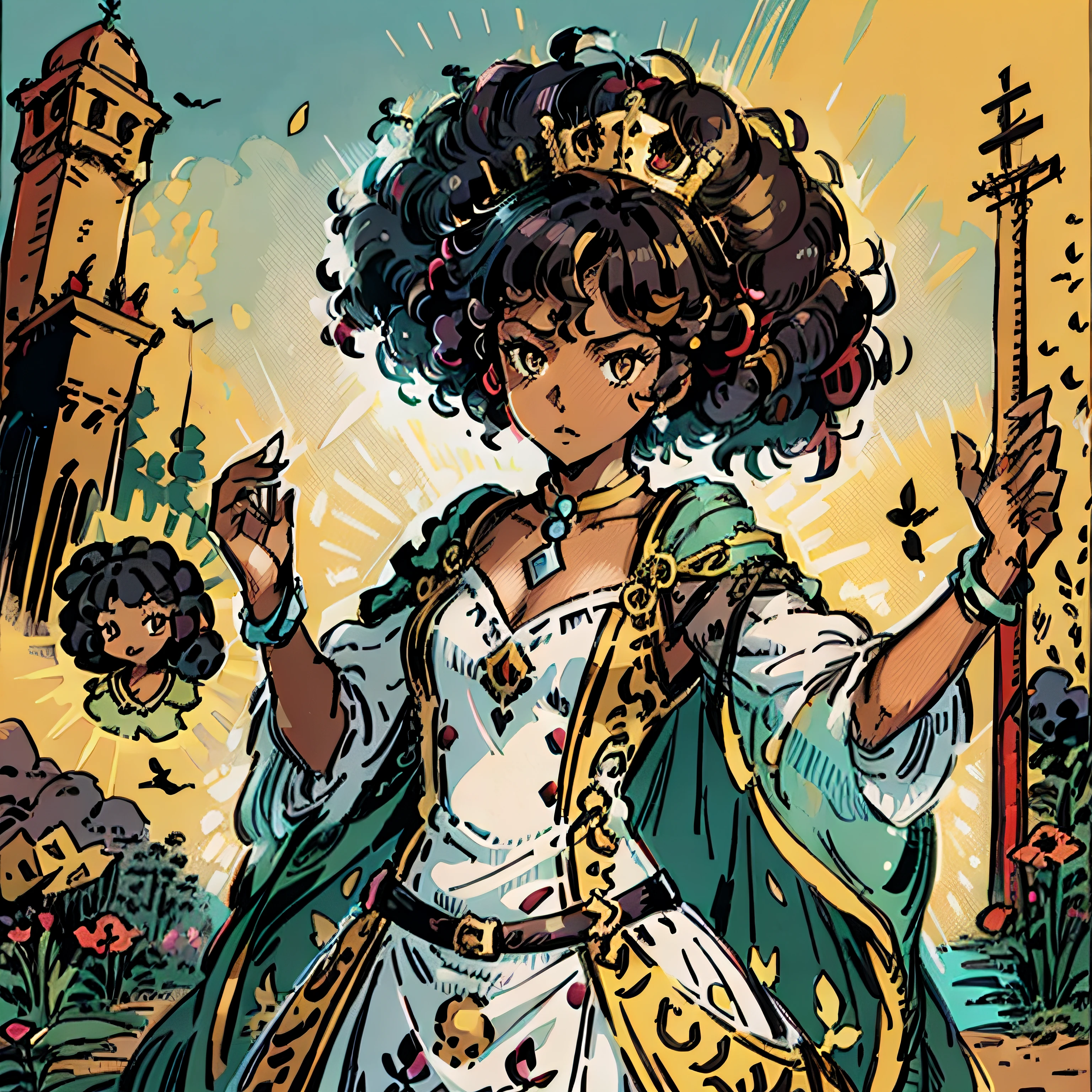 (African light dark skin woman+princess pose), (RPG fantasy+action pose), pretty and elegant, (wearing a stunning dress), minimalistic appeal, (kid) (), (very curly hair).