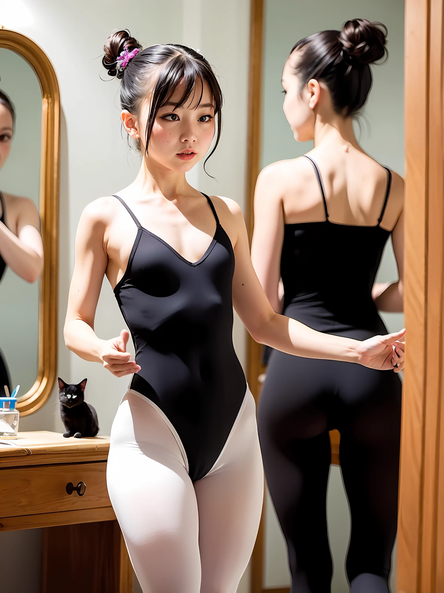 Ballet girl dancing in front of mirror,The little black cat watched her quietly。