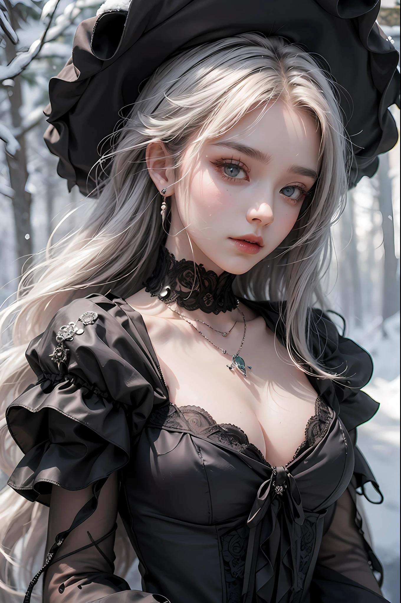 Woman in black Victorian dress,robes,Trinkets with skulls,Dark roses, Gray detailed eyes, Long white hair, makeup:0.4, (Spike,a necklace), Princess Thing, Background of the snowy forest, snowfall, gentle eyes, Big-breasted, Cinematic lighting, Ultra-high-resolution photography, (Masterpiece,Top Quality,Realistic),