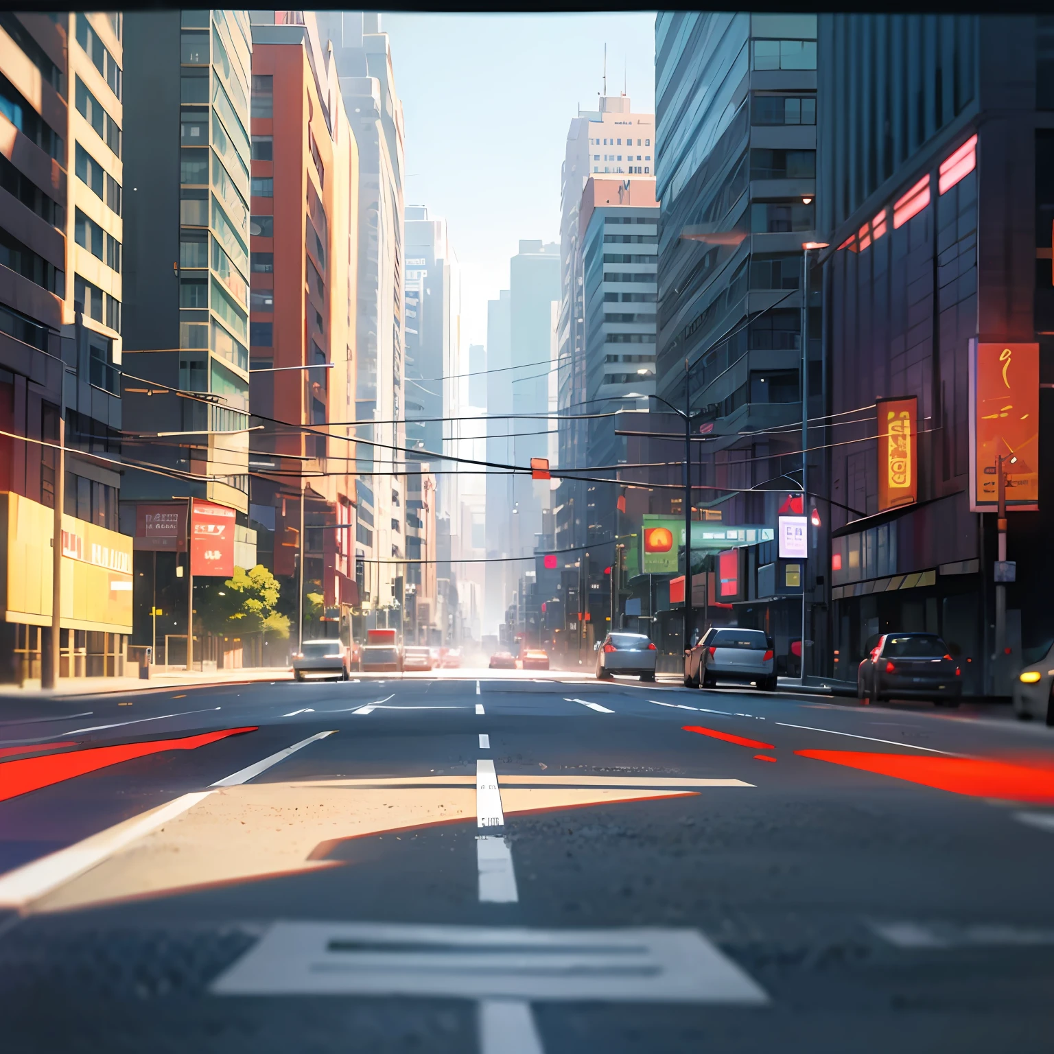 city backgound, view front street up, cool and refreashing for banner, no human, no character, trafic low, blur effect, --auto