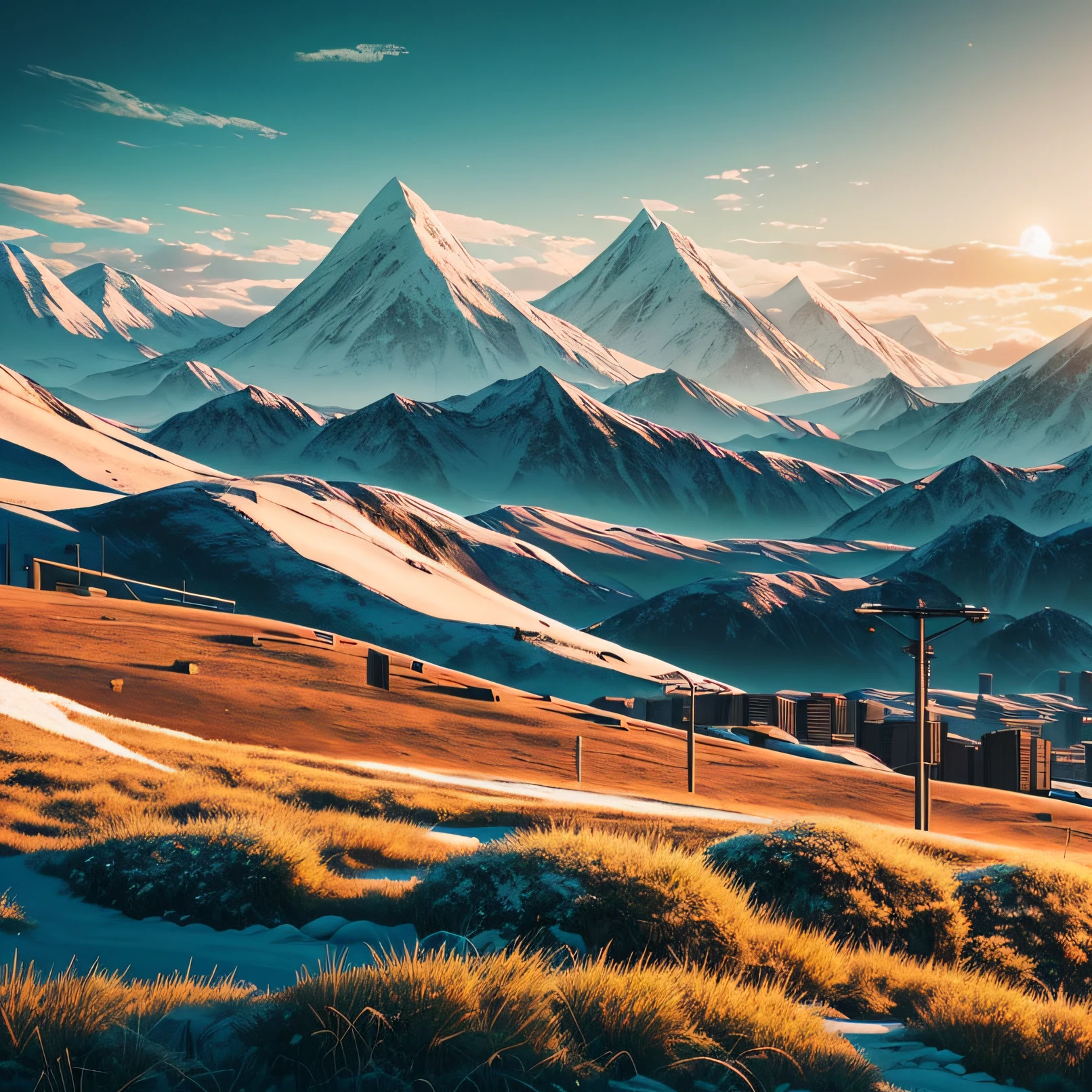snow mountains，grass field，sci fi city，cyber punk style --auto
