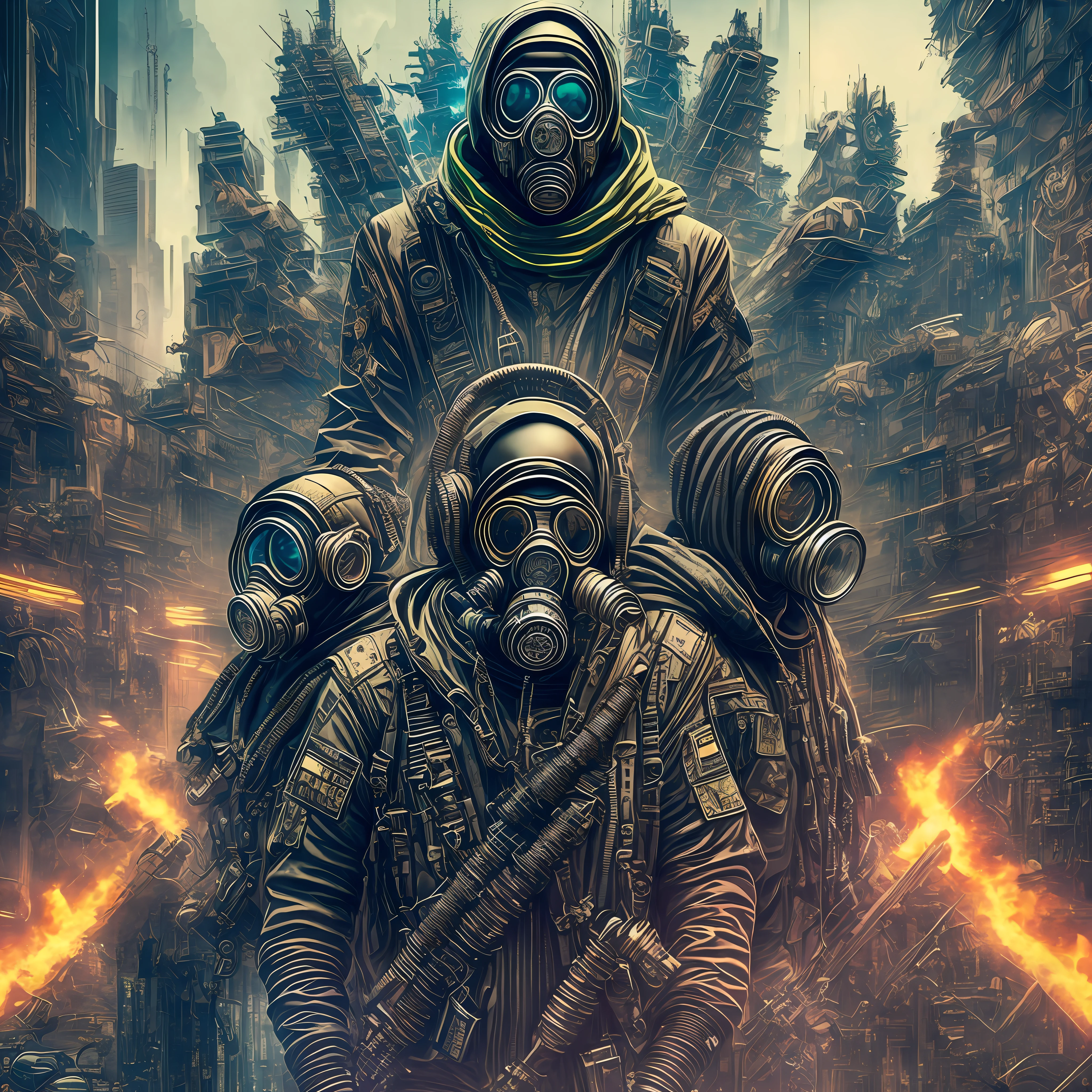 Cyberpunk style, psychedelic, intricate, hyper detailed, gangster group with gas mask --auto --s2