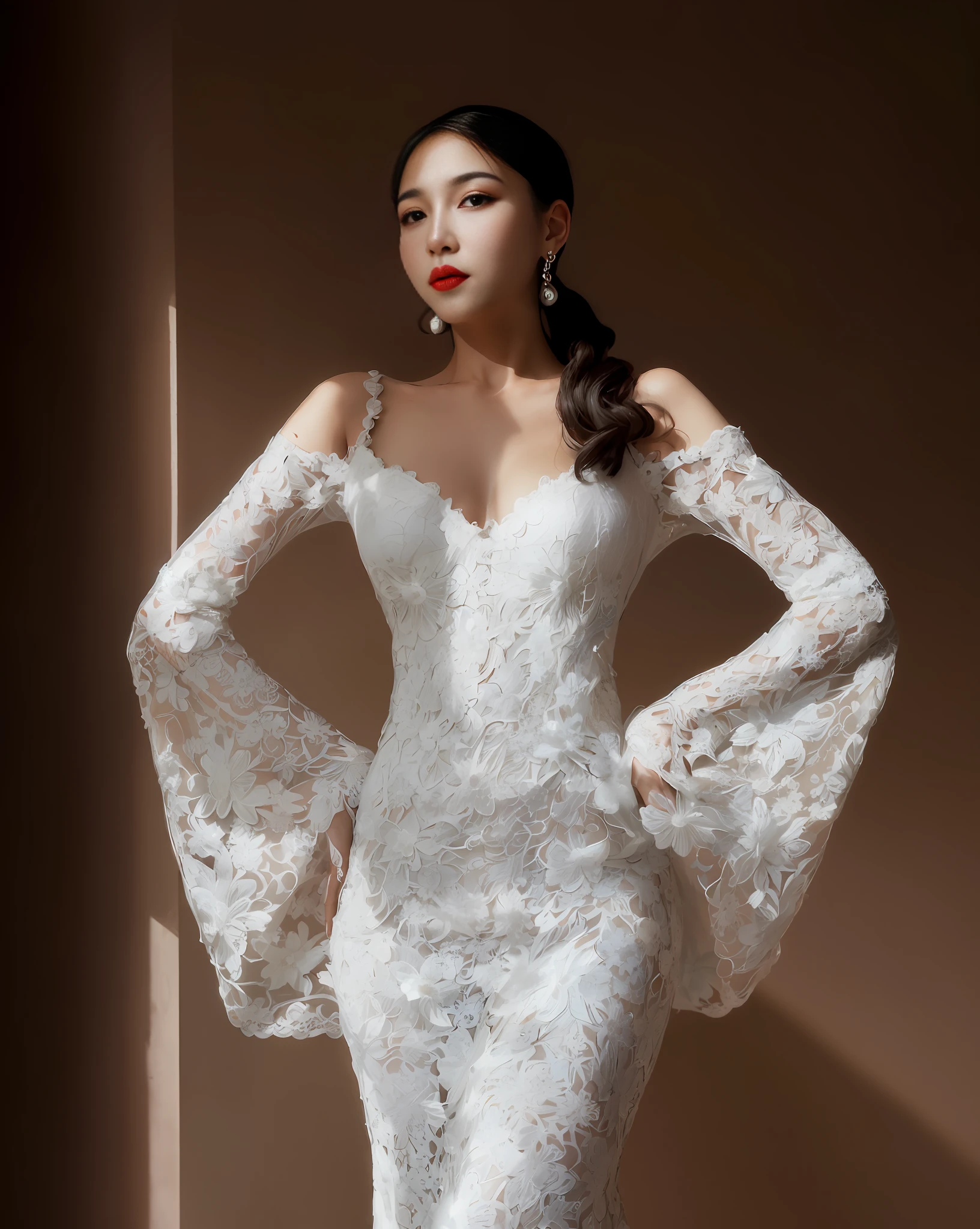 (A woman takes a picture, Pure white wedding dress, Fine lace, Soft light, Fairy-like temperament, Feminine lace, Gentle and elegant, Exquisite forest system, A gentle breeze, 🎀) --auto