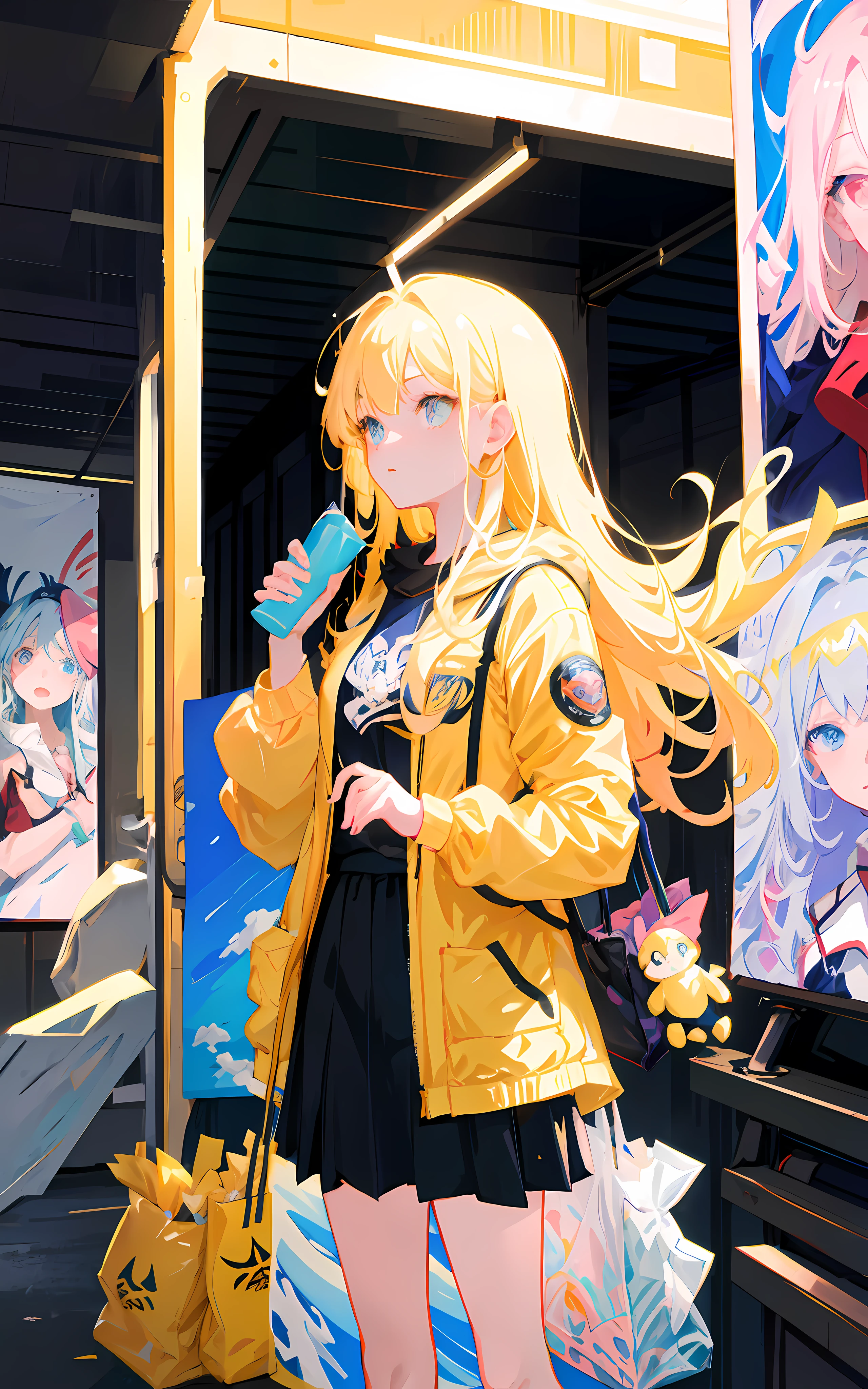 anime girl with long blonde hair and a yellow jacket, poster art inspired by Puru, pixiv, process art, hanayamata, best anime 4k konachan wallpaper, marin kitagawa fanart, official artwork, macross delta splash art, anime style 4 k, anime moe artstyle, ecchi style, azur lane style, detailed key anime art
