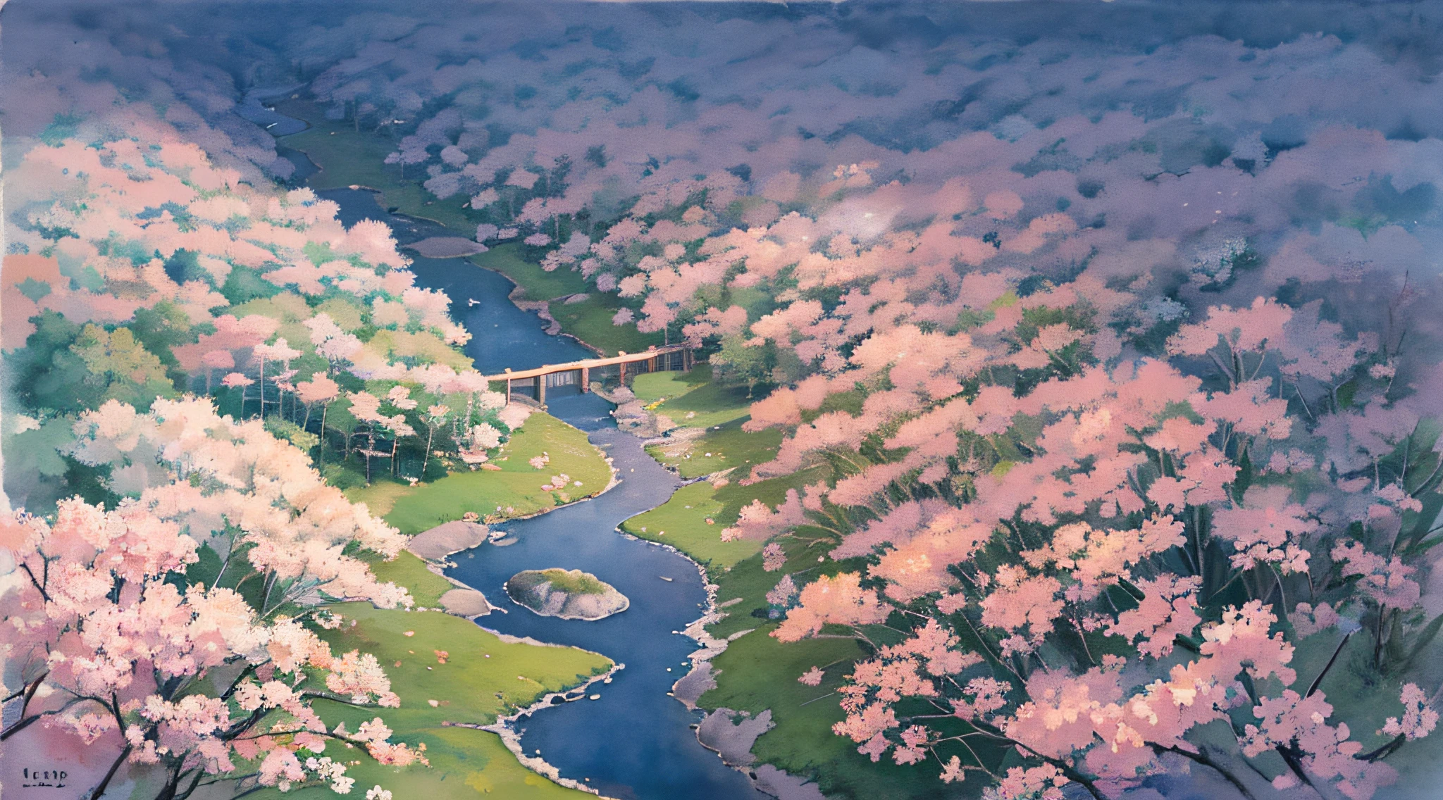 thicket, nature, Japan, aerial view, (morning: 1.2), ((natural lighting)), clear focus, (long shot: 1.1), watercolor, painting, (spring: 1.2)
