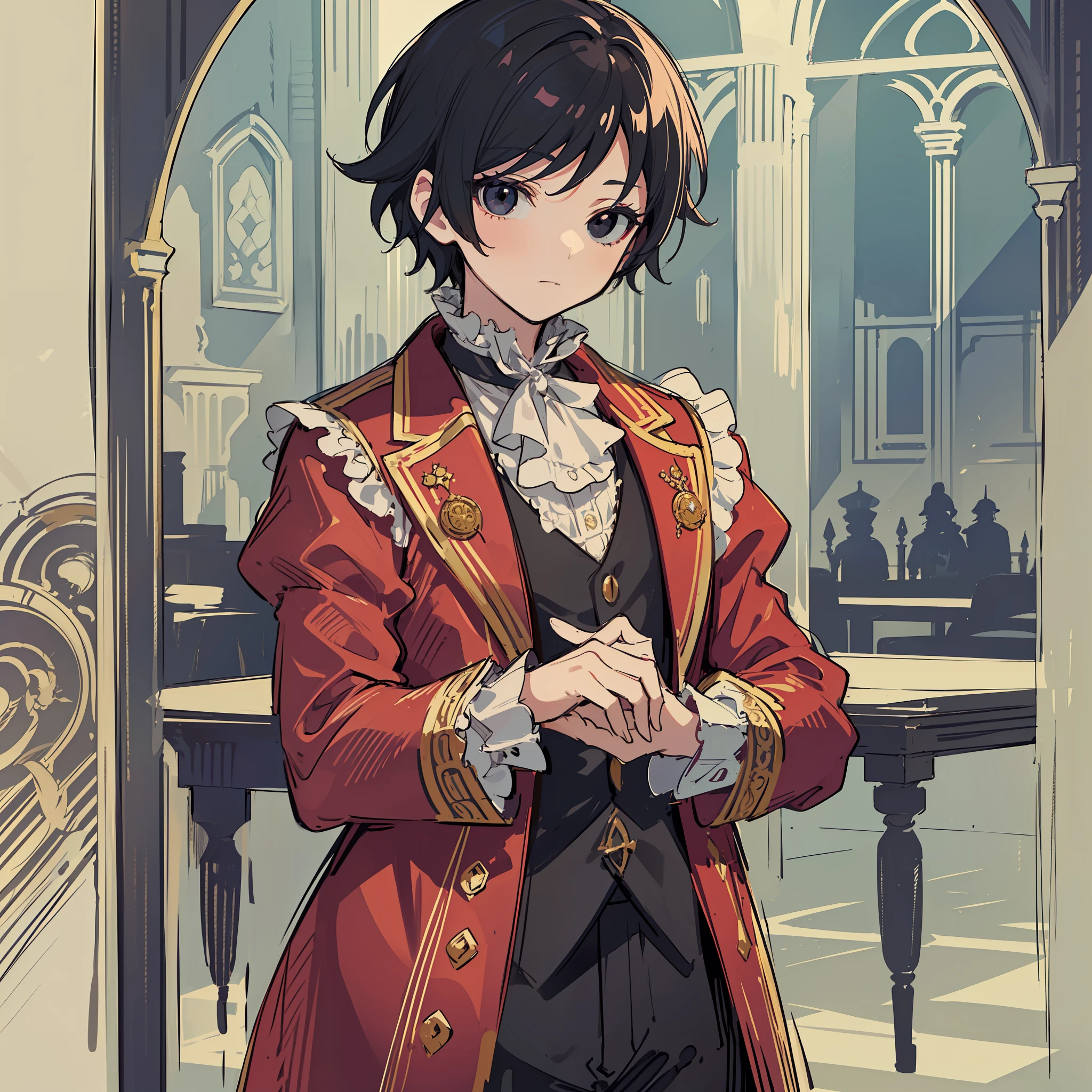 black hair, black eyes, solo, alone, library, (((boy, kid, kid, shota))), dnd, d&d, ((fantasy style, dungeons & dragons, fantasy, aristocratic clothes, victorian style, victorian clothes)), frill, lace cuffs, frill, red jacket, (((sketch)))