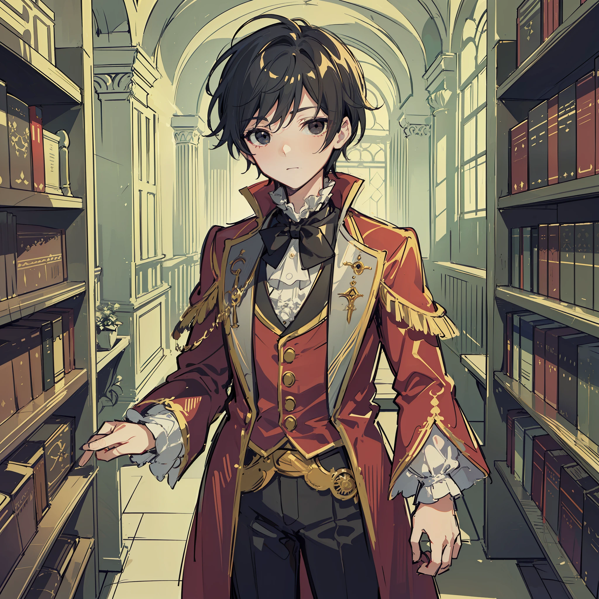 black hair, black eyes, solo, alone, library, (((boy, kid, kid, shota))), dnd, d&d, ((fantasy style, dungeons & dragons, fantasy, aristocratic clothes, victorian style, victorian clothes)), frill, lace cuffs, frill, red jacket, (((sketch)))