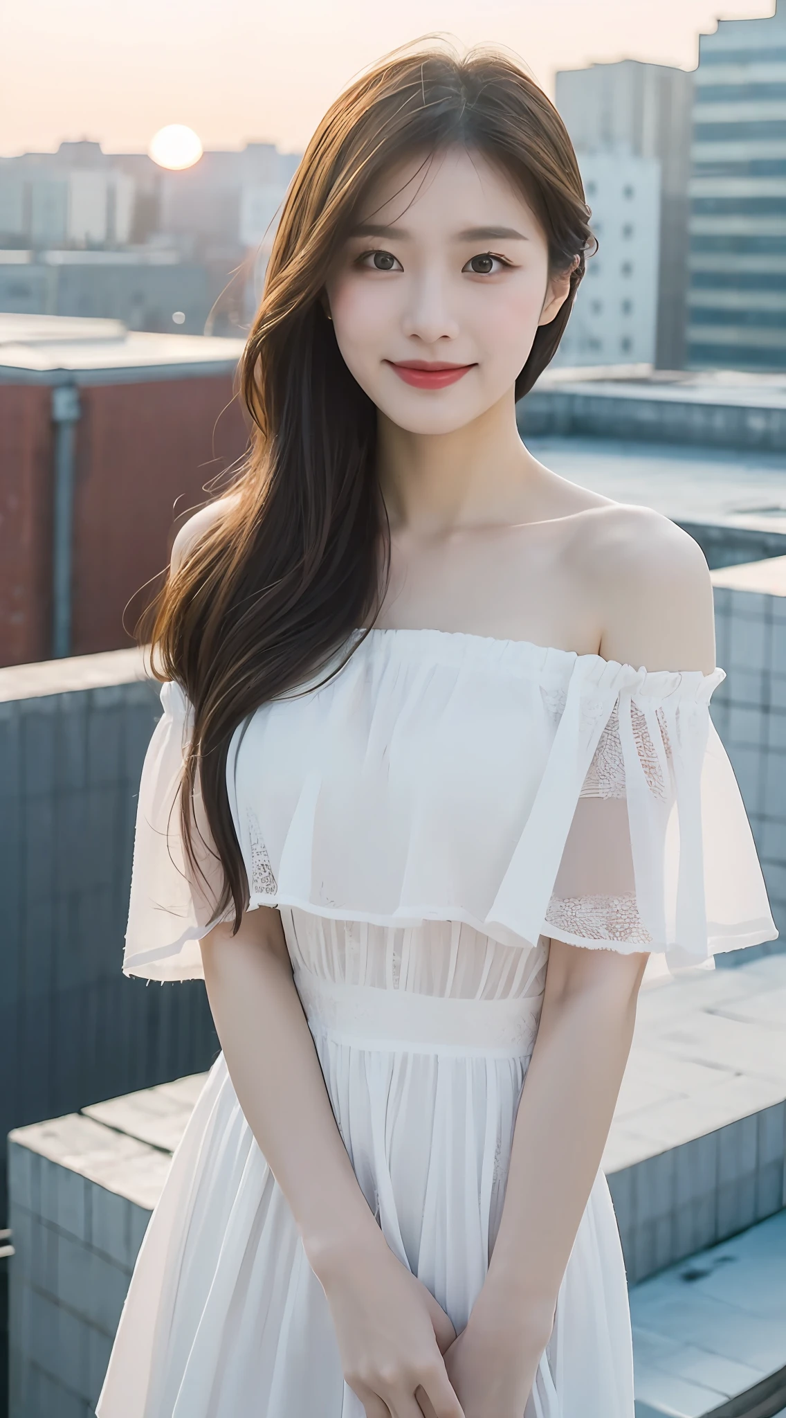 (1 Korean star with royal sister style), ((Best quality, 8K, Masterpiece: 1.3)), focal point: 1.2, Perfect body proportions: 1.4, (Make a smile), (Sunset: 1.3),  Watery eyes, Highly Detailed Face and Skin Textur, Fine eyes, Double eyelids, Whitens the skin, (long whitr hair, Air bangs: 1.3), (Round face inches: 1.5), (off the shoulder dress: 1.4), (Standing on the roof: 1.6),(white stockings: 1.4),(film grain style:1.3)，a sense of atmosphere