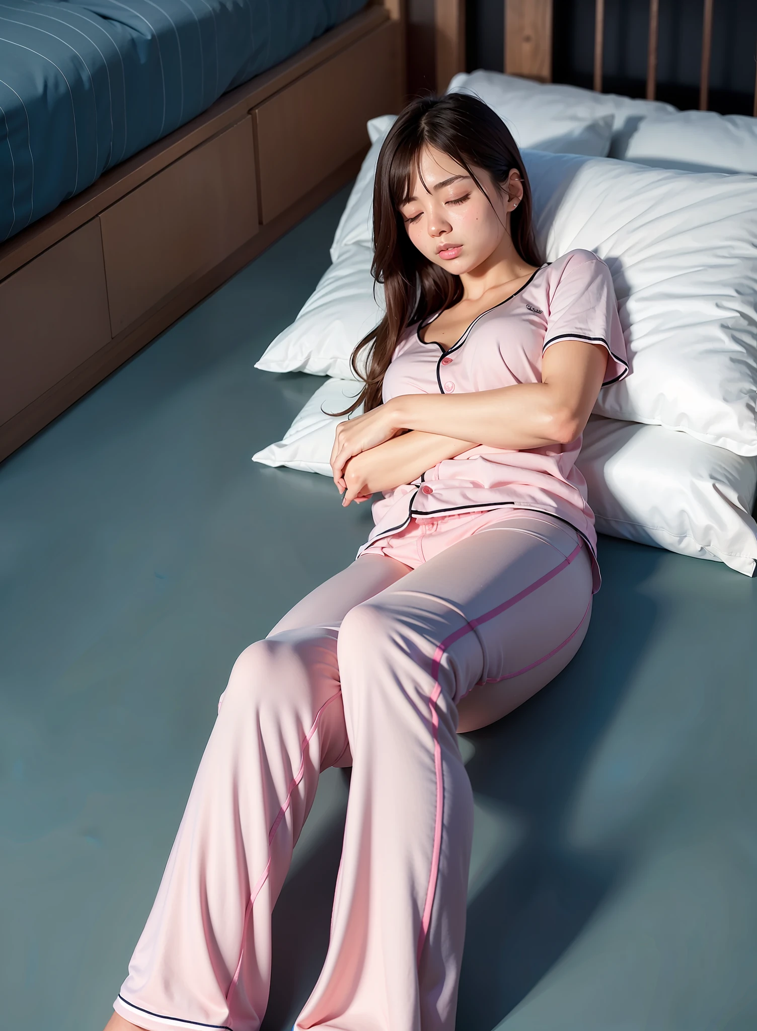 Sleeping girl, 22 years old, realistic, she is wearing long pants, she is wearing pink pajama, brown hair.