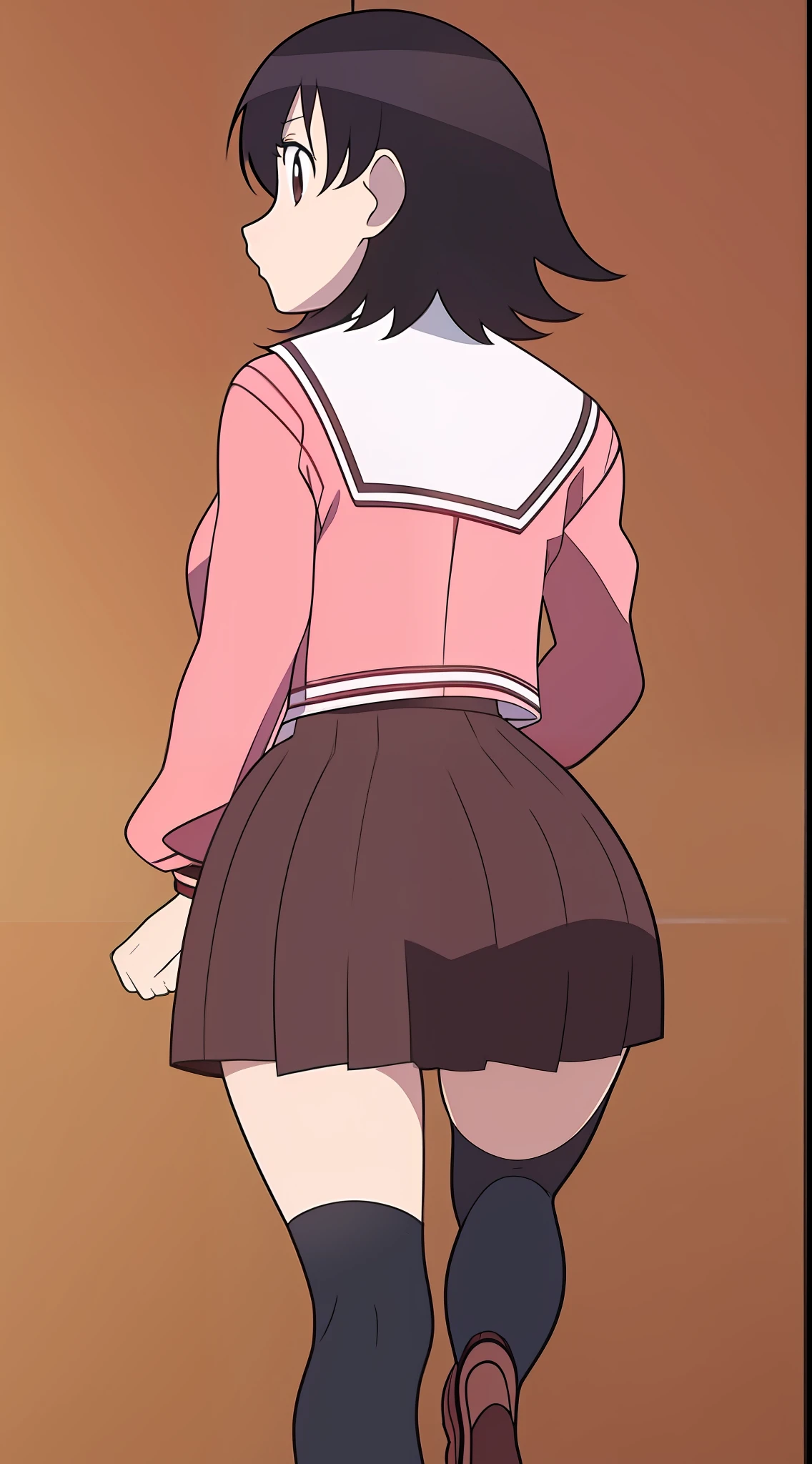 Tomo Takino, black hair, messy hair, seifuku uniform, red seifuku top, brown skirt, socks, brown shoes, breasts, looking back, back of view, firm butt, side pose, standing upright, hands placed onto her hips/waist, sexy pose, Wallpaper