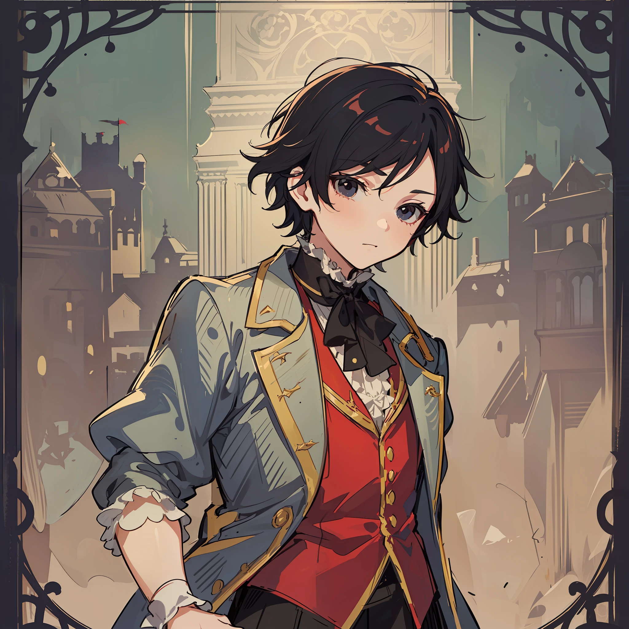 black hair, black eyes, solo, alone, library, (((boy, kid, kid, shota))), dnd, d&d, ((fantasy style, dungeons & dragons, fantasy, aristocratic clothes, victorian style, victorian clothes)), frill, lace cuffs, frill, red jacket, (((sketch)))