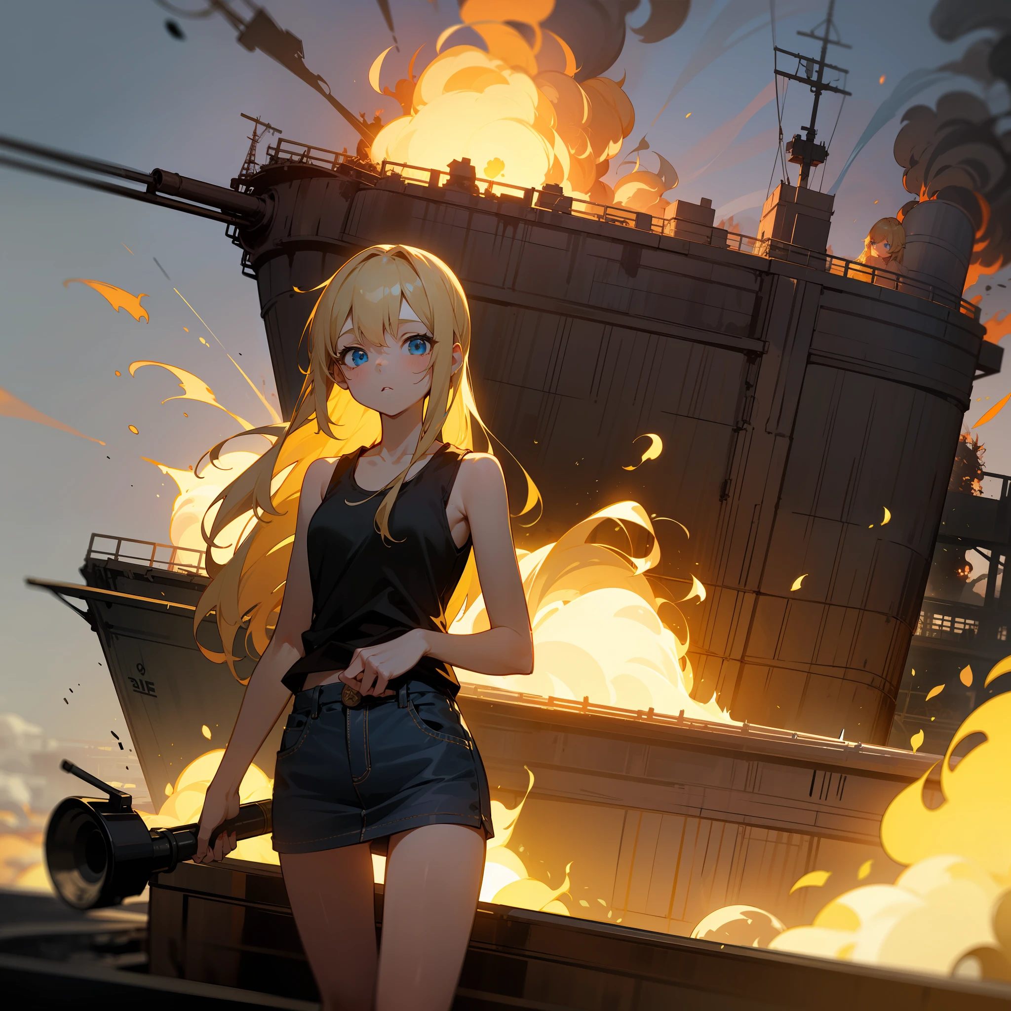 masterpiece, Top image quality, hight resolution, Beautiful blonde girl、1人、Whole human body、Blue eyes、deadpan、Black tank top、jean skirt、semi long hair、is standing、showing butt、Shot a bazooka、by night、Naval port blown up in flames、Building in flames、Ship blasted into flames