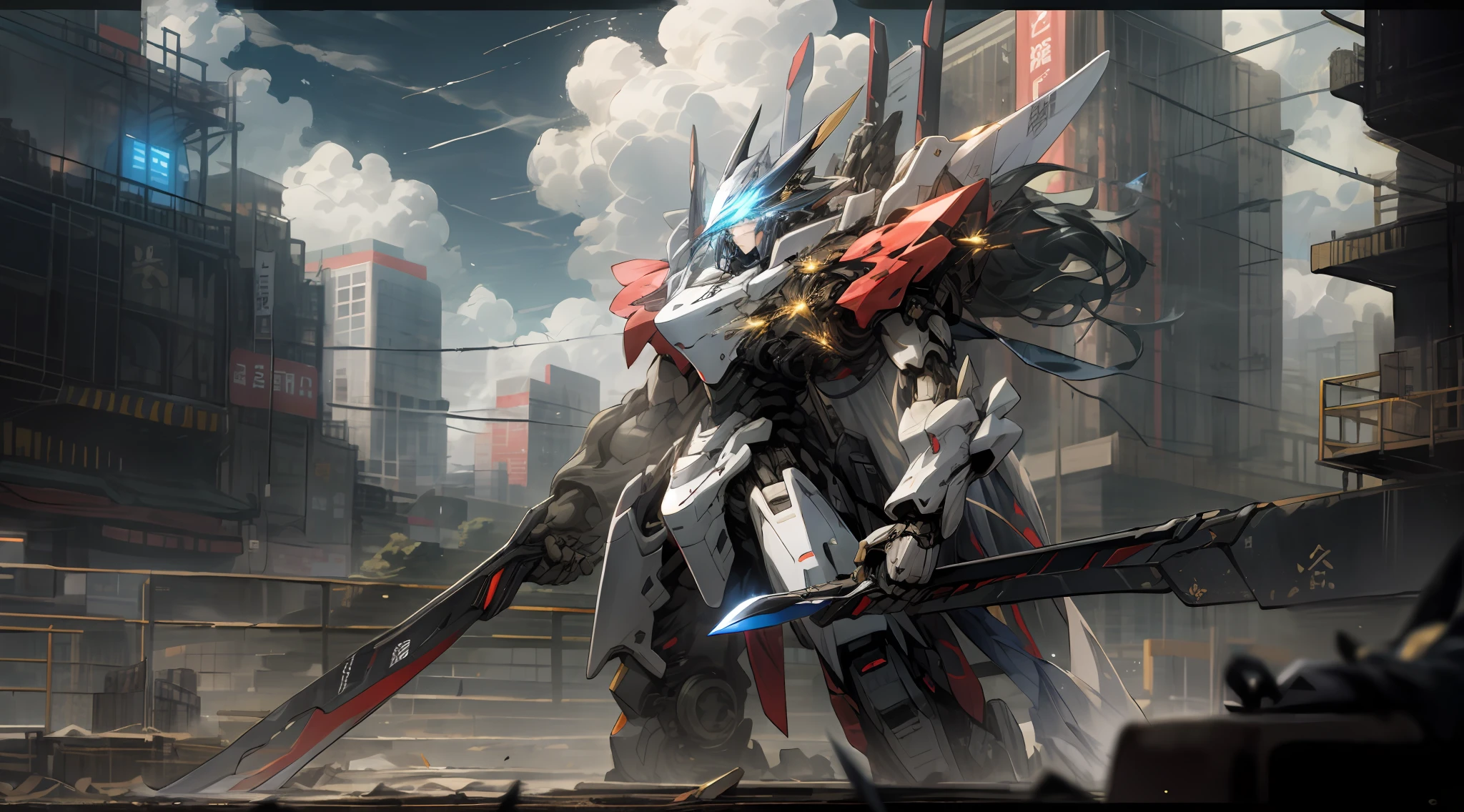 On the skyline，Oppressive clouds linger，A slender human woman held a weapon she had carried with two handles，The body glows softly，It's like a female robot。Behind it is a splendid urban complex，Each building shines with its own lights，dazzling。In this blue city，She was dressed in a mecha cape and wielded double thorns，There are also two knives fluttering slightly in the back，Hair dances with movement，The perfect helmet hides the depth of the eyes，One can only glimpse the glimmer of the eyes in the mechanical shell。