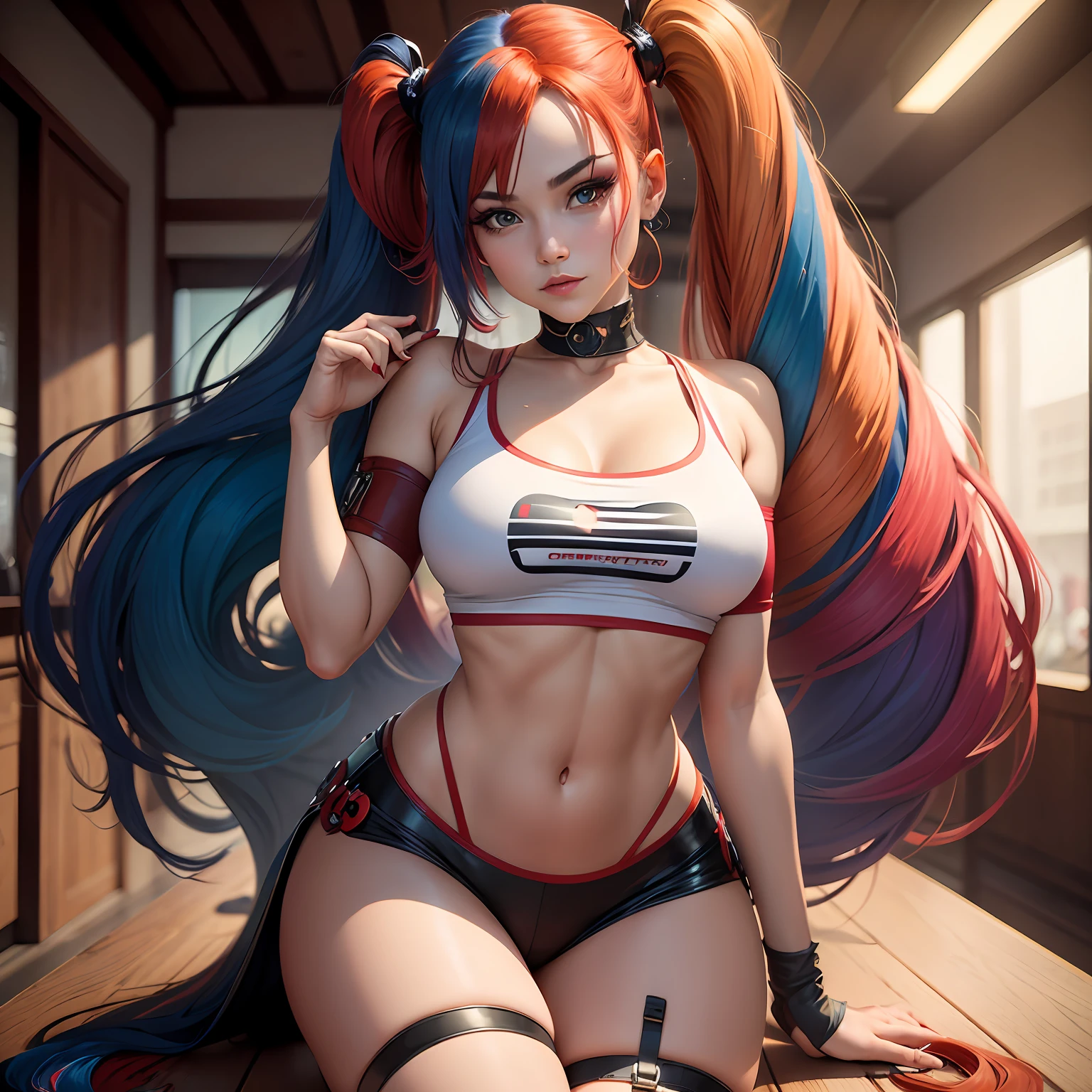 a beautiful woman full pose, revealing soulder, Masterpiece:1.3, Best quality, sharp focus: 1.2, A harlequin, harley quinn, soft natural skin, woman 25 years old, long twintail, wavy red and blu hair det, white tshirt, --auto