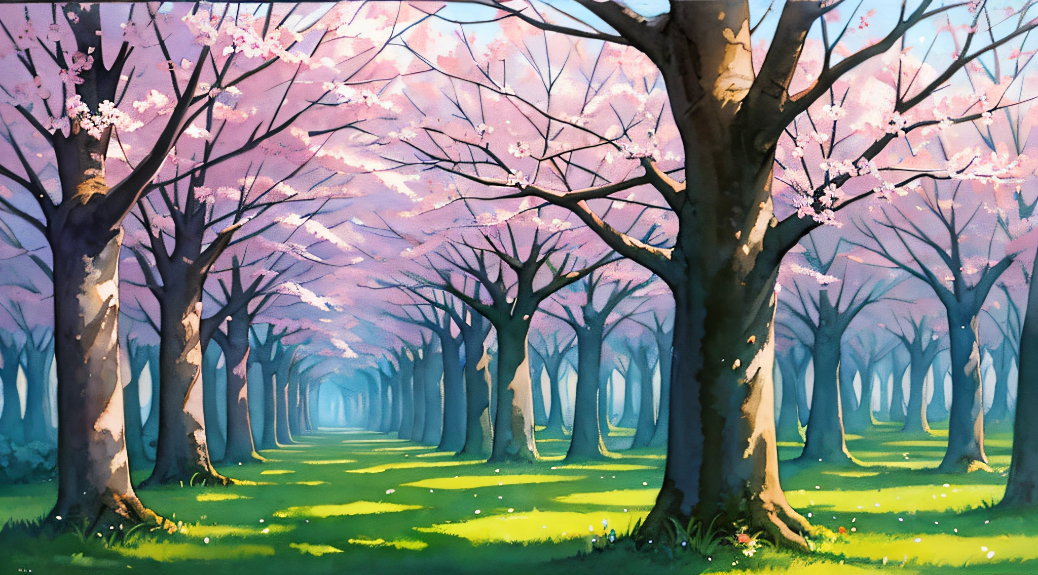 thicket, nature, Japan, (morning: 1.2), ((natural lighting)), clear focus, (long shot: 1.1), watercolor, painting, (spring: 1.2)
