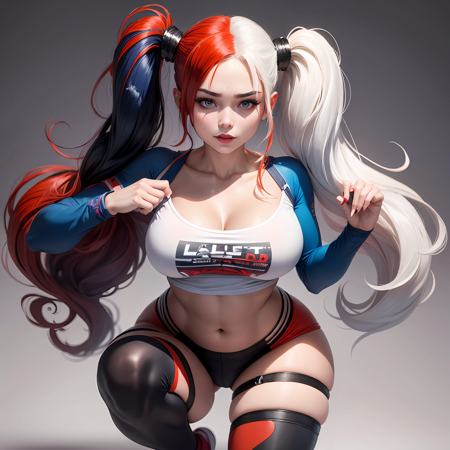 a beautiful woman full pose, revealing soulder, Masterpiece:1.3, Best quality, sharp focus: 1.2, A harlequin, harley quinn, soft natural skin, woman 25 years old, long twintail, wavy red and blu hair det, white tshirt, --auto