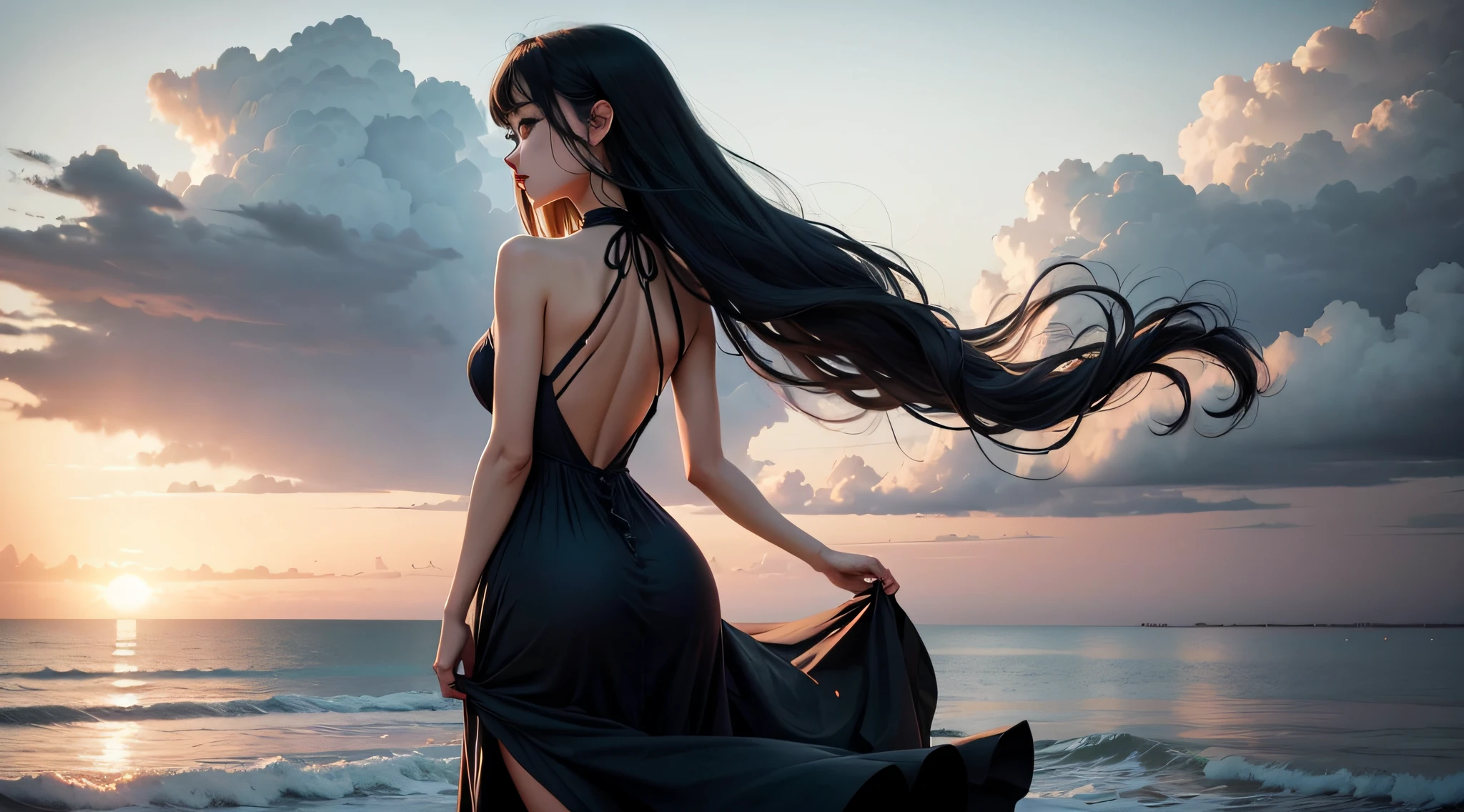 Beauty backless anime seaside long dress --auto