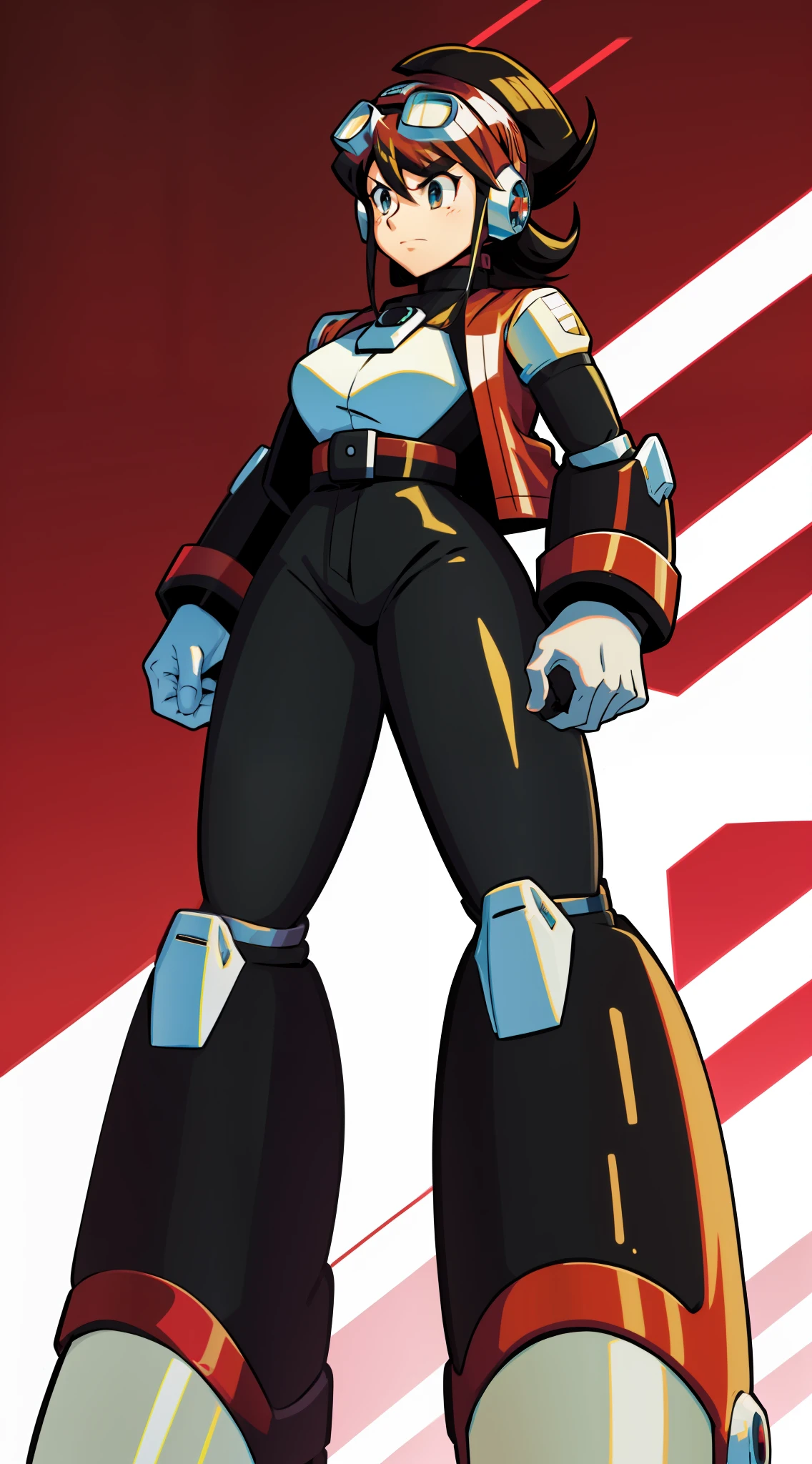 1Girl, Heavily red and white thick armor, two-tone gloves, black skirt, heavy black cybernetic boots, heavy cybernetic red with white trim arms with black bracelets, heavy cybernetic red torso with black jacket, black waist belt, red waist band, megamanX red and white heavy armor, long black pony tail, red and black trim aviator goggles on forehead, heavy thick black hair, metallic red skirt, large black jacket, red armor with white trim, wearing biker jacket, wearing thick/wide black wristbands, punk pose, hands near hips, two-tone white and red gloves, long black/brown ponytail, big jacket