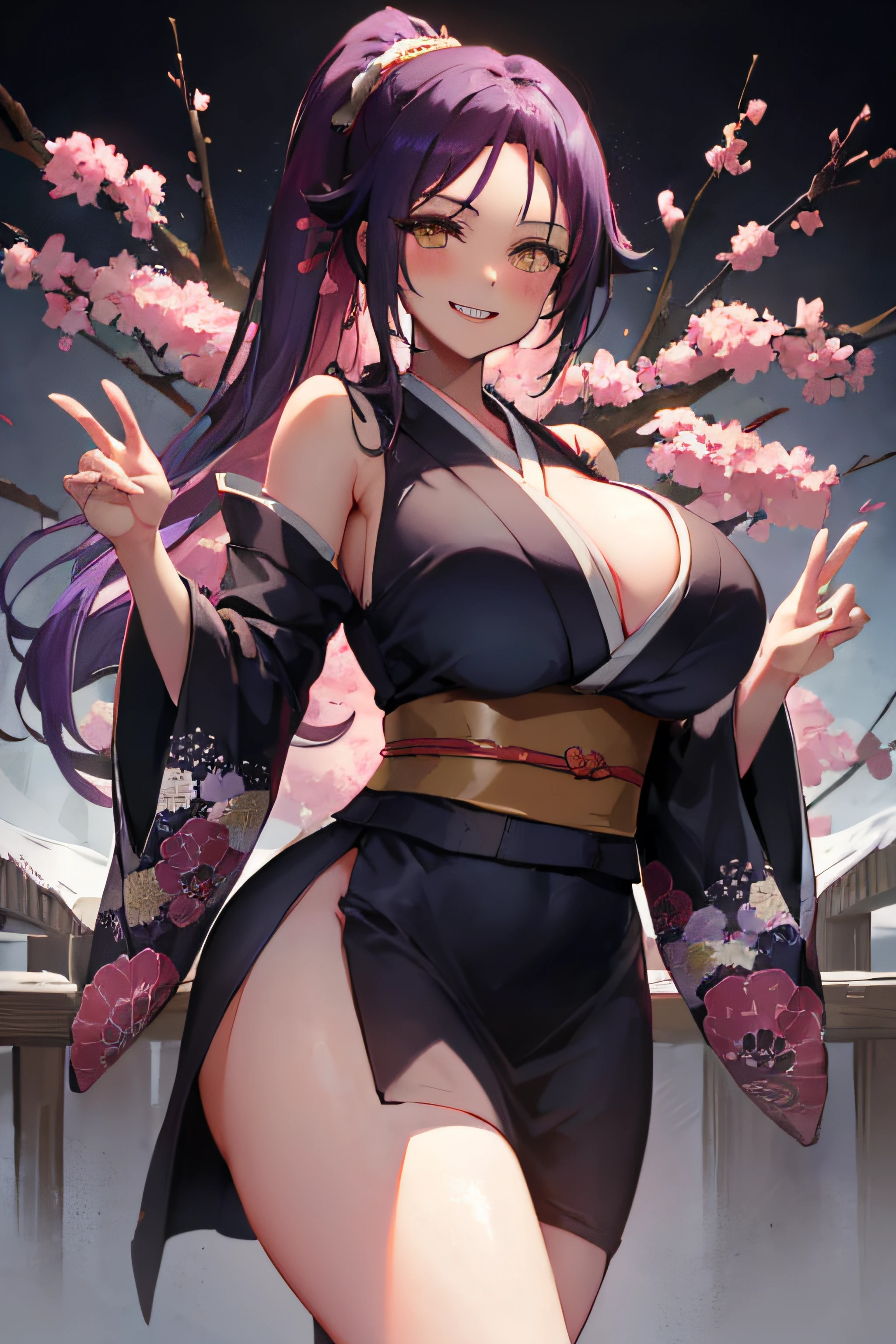 Yoruichi Shihouin, Dark skin, 1girl in, Solo, Kimono, ,  breasts, cleveage,  hair between eye, Large breasts, (((ridiculously large breasts)))、(Ridiculously huge breasts:1.5)、((huge udder))、Long hair, Looking at Viewer, Purple hair, Pony tail, Solo, thighs thighs thighs thighs, Long hair, ((masutepiece)), , Soul Society,Shinigami Dress, Kimono, Standing, , blush, Shy, Smile, show teeth, Detailed hand, Beautiful Finger,