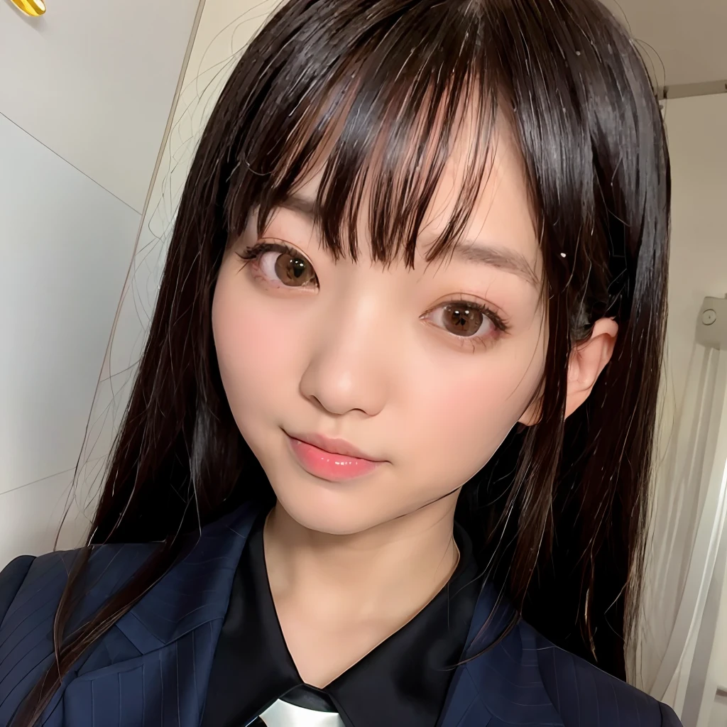 there is a woman in a suit and tie posing for a picture, 奈良美智, chiho, cute natural anime face, the face of a beautiful Japanese girl, hime-cut, Young adorable Korean face, sui ishida with black hair, portrait of a japanese , 8K selfie photo
