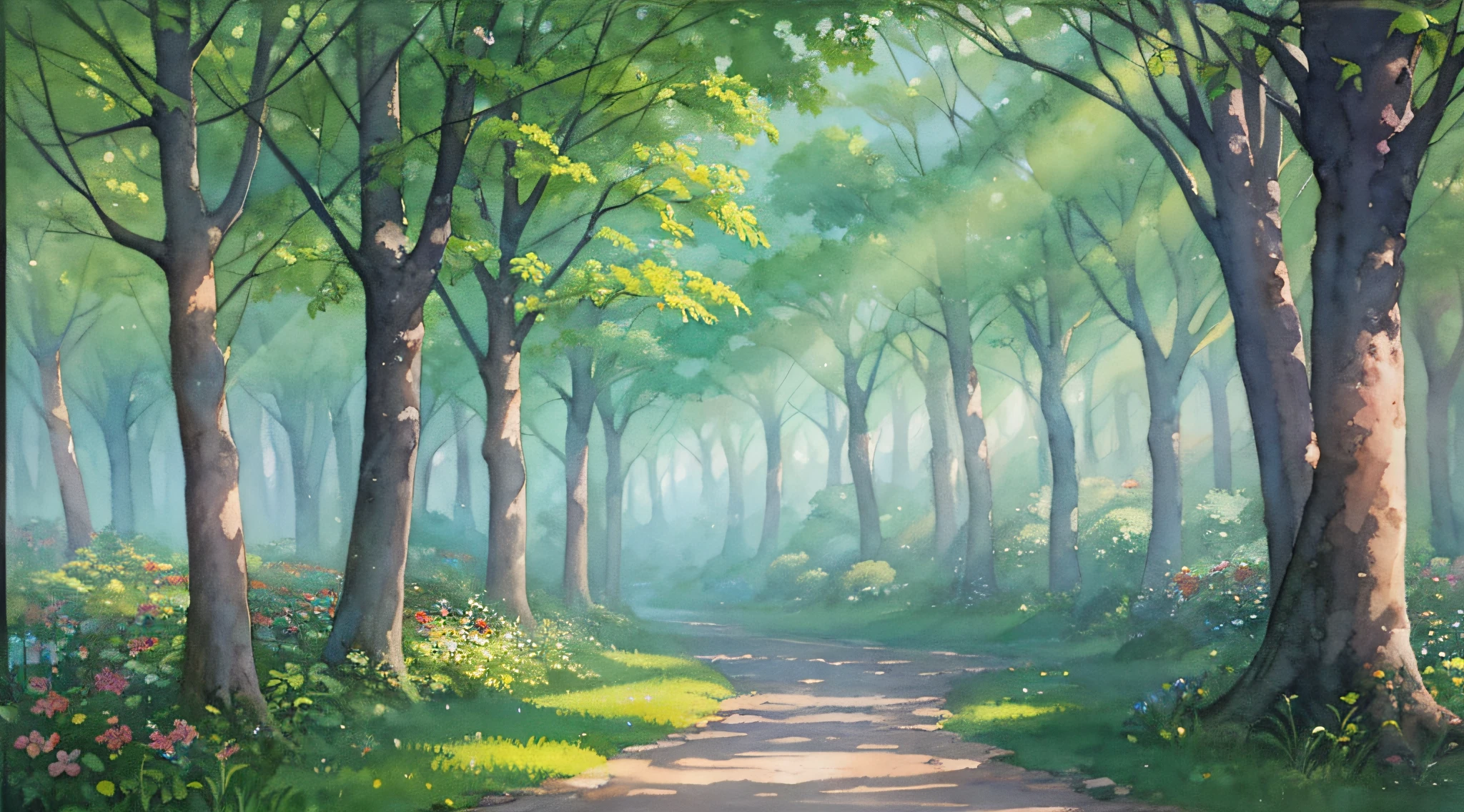 thicket, nature, Japan, (morning: 1.2), ((natural lighting)), clear focus, (long shot: 1.1), watercolor, painting, (spring: 1.2)