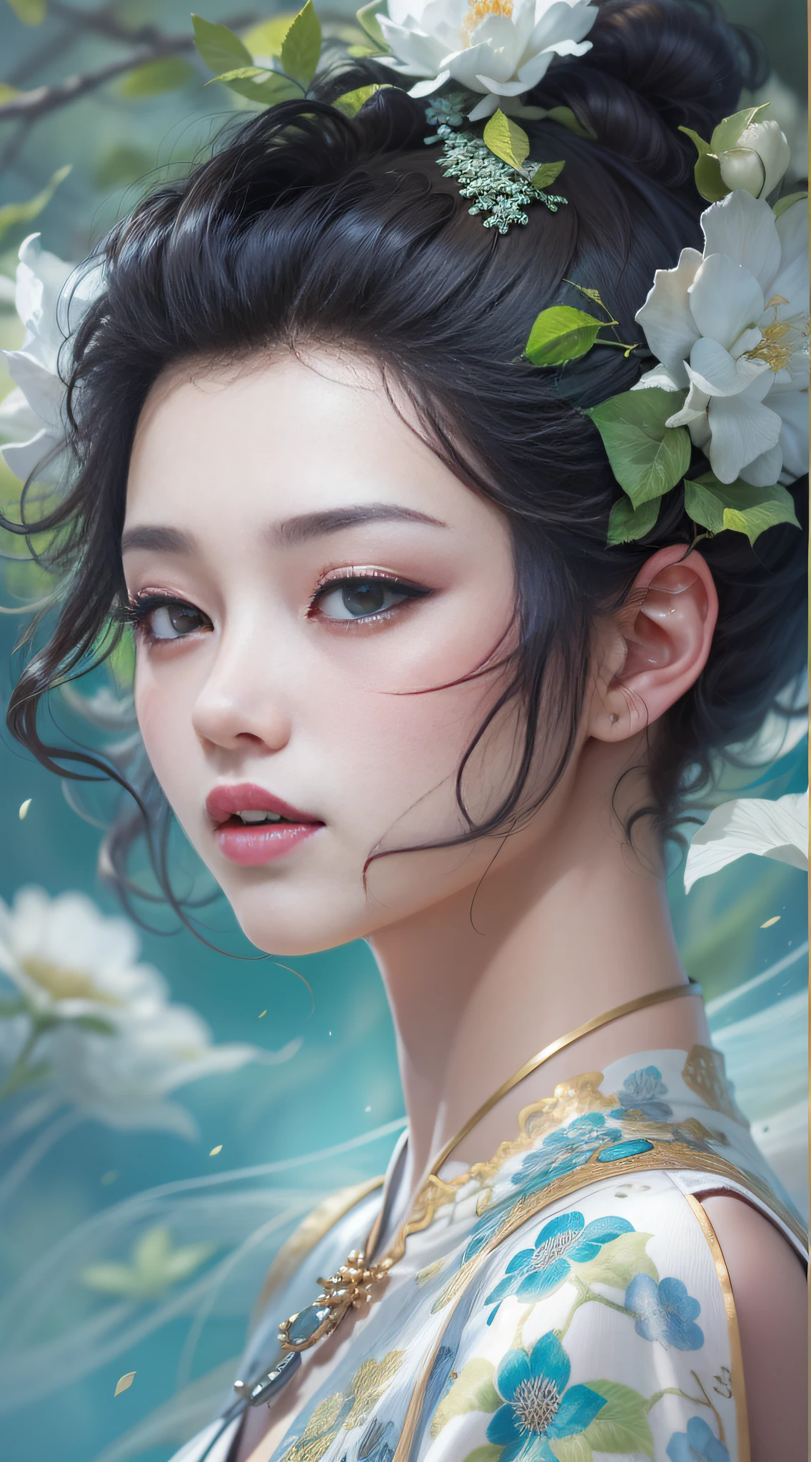 The exquisite and exquisite true beauty of China，with short black hair，naturally straight hair，Superb sophistication，Good facial features，Peerless beauty，softness，dreamlike quality，Reallightandshadow，Ultra-fine brunette hair，Wear an ice flower dress，She wears a beautiful hair ornament on her head，Delicate melon seed face，Delicate skin，frontage，with blue sky and white clouds，Cover of a，zoom，Collar，Hyper-detailed painting，with light glowing，Natural soft light，复杂，4K，Naturally moving，Realistic，超高分辨率
