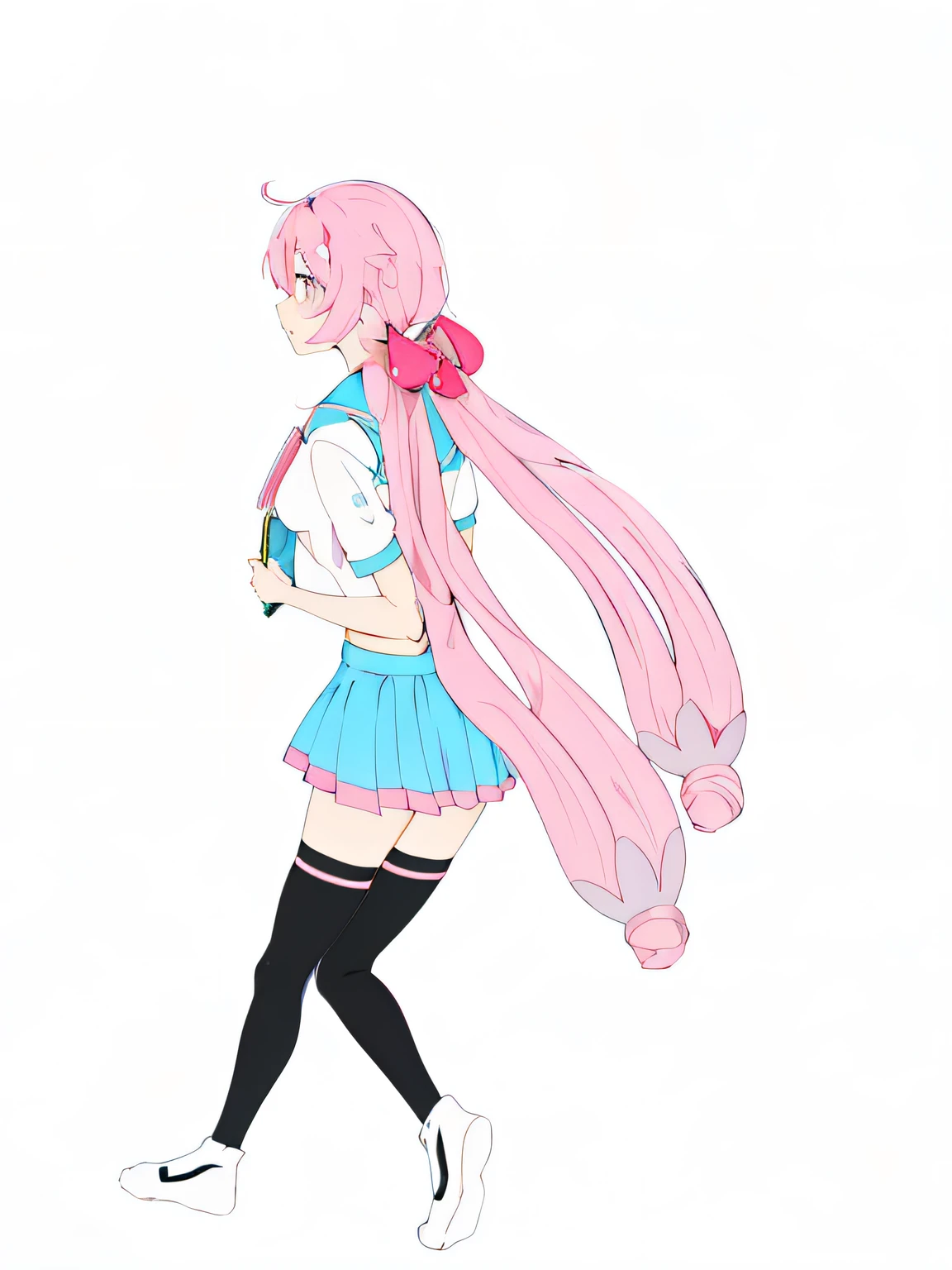Anime girl walking with long pink hair and holding a book, Pink two-tailed hair and pink eyes, humanoid pink female squid girl, double tails, anime figure, An anime girl, Anime girl with long hair, anime moe art style, anime style character, up of young anime girl, style of magical girl, shirabii, Anime girl, long bubblegum hair