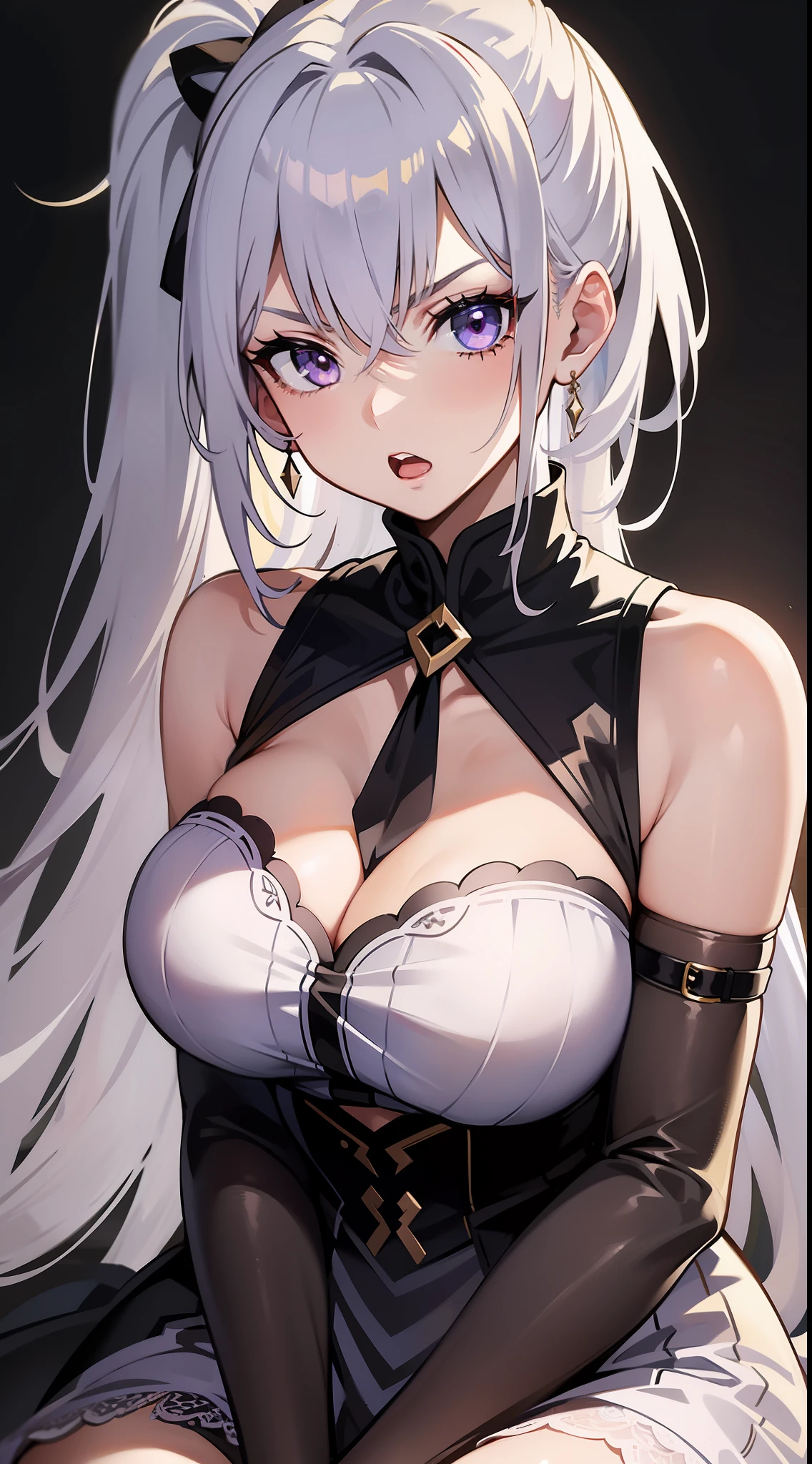 young girl, Long white hair, high ponytail, violet eyes, Rich sleeveless dress, open breasts, anger, Masterpiece, hiquality