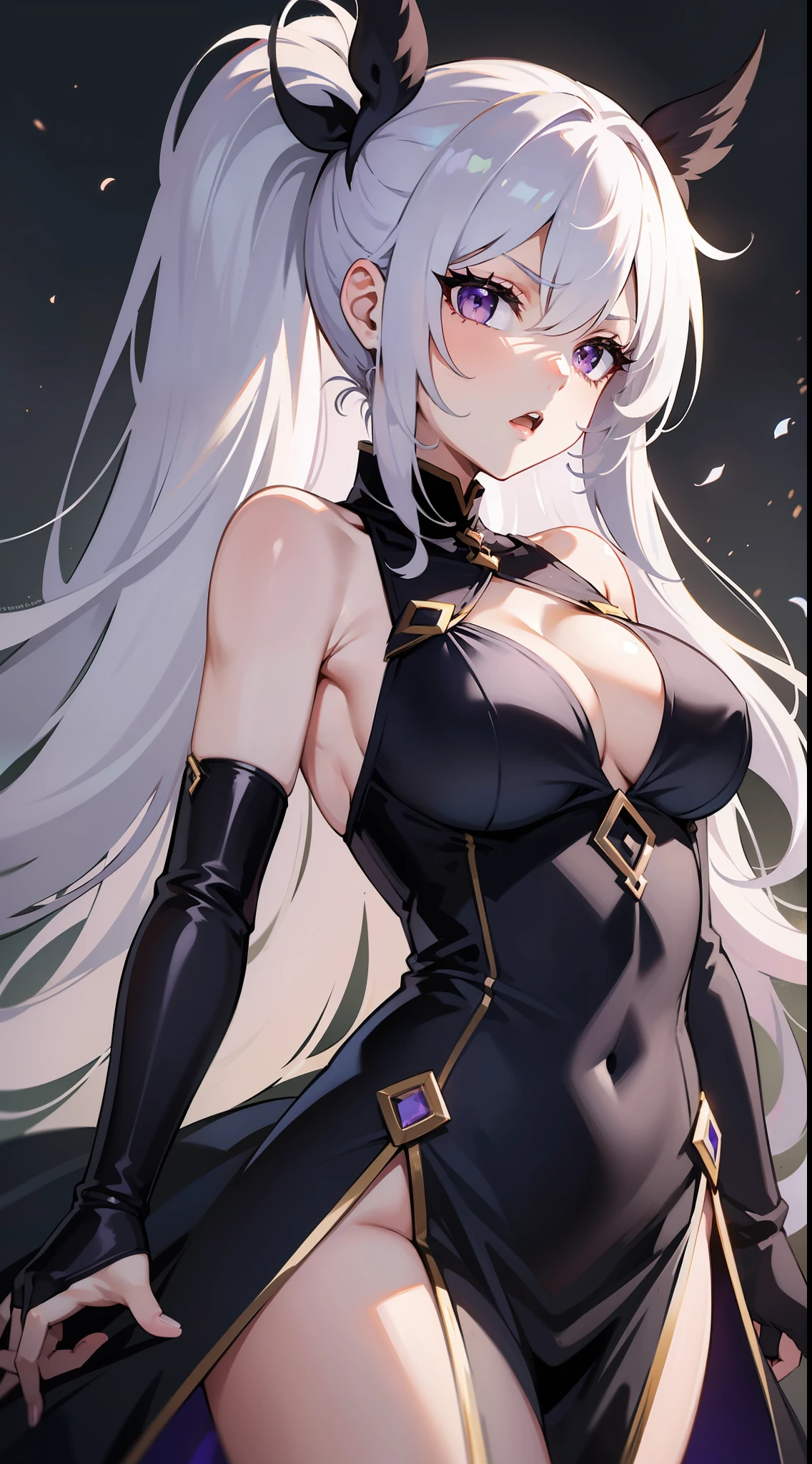 young girl, Long white hair, high ponytail, violet eyes, Rich sleeveless dress, open breasts, anger, Masterpiece, hiquality