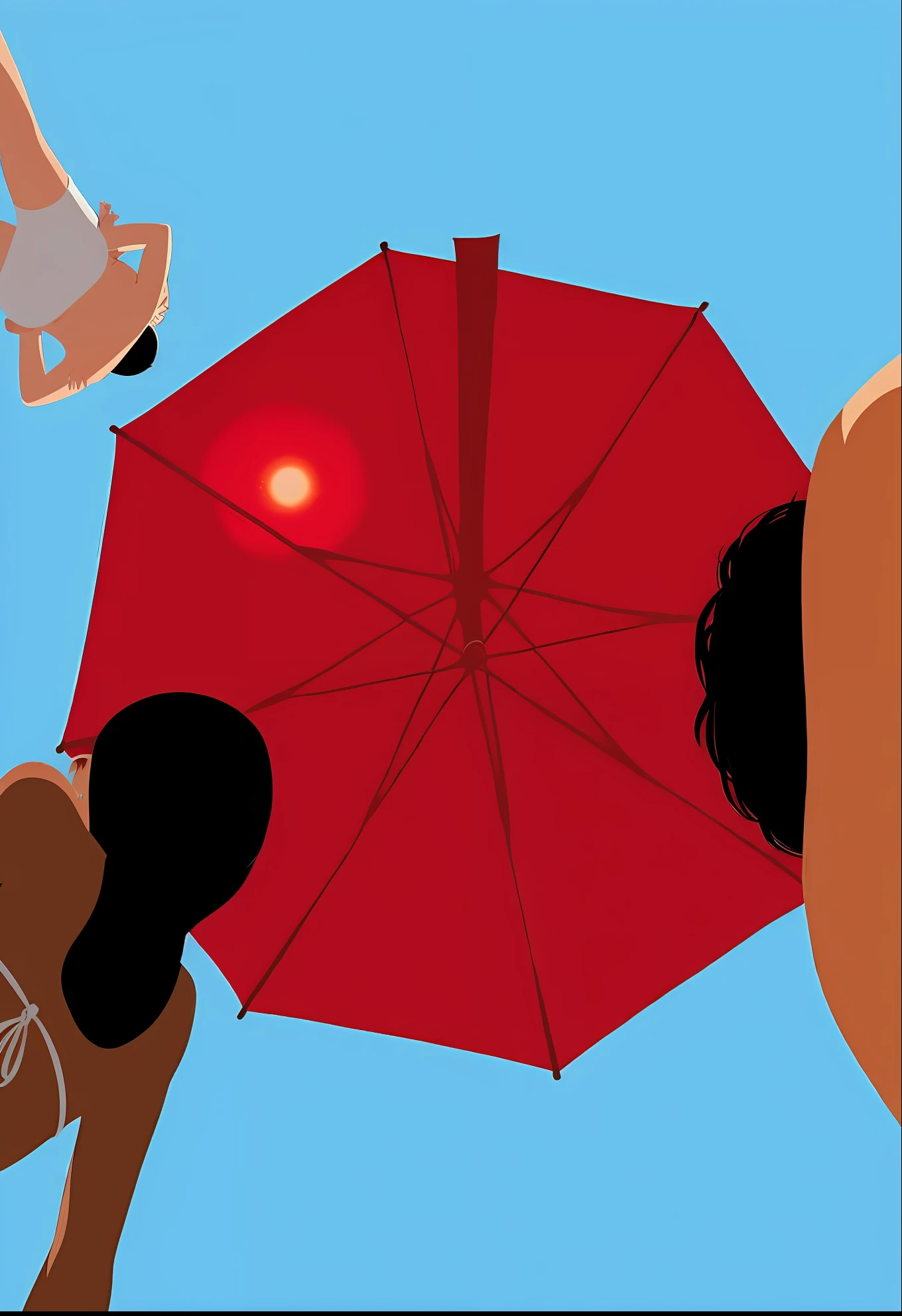 There are two people under a red umbrella on a beach, Directed by: Hugh Hughes, guarda-chuva vermelho, Sunbathing. illustration, segurando guarda-chuva vermelho, em um dia ensolarado, um top de guarda-chuva, ao sol, pessoas com guarda-chuvas, Directed by: Maeda Masao, guarda-sol, illustration", Directed by: Pamela Ascherson, illustration!, Directed by: Gavin Hamilton, Tatsuro Kiuchi, parasols