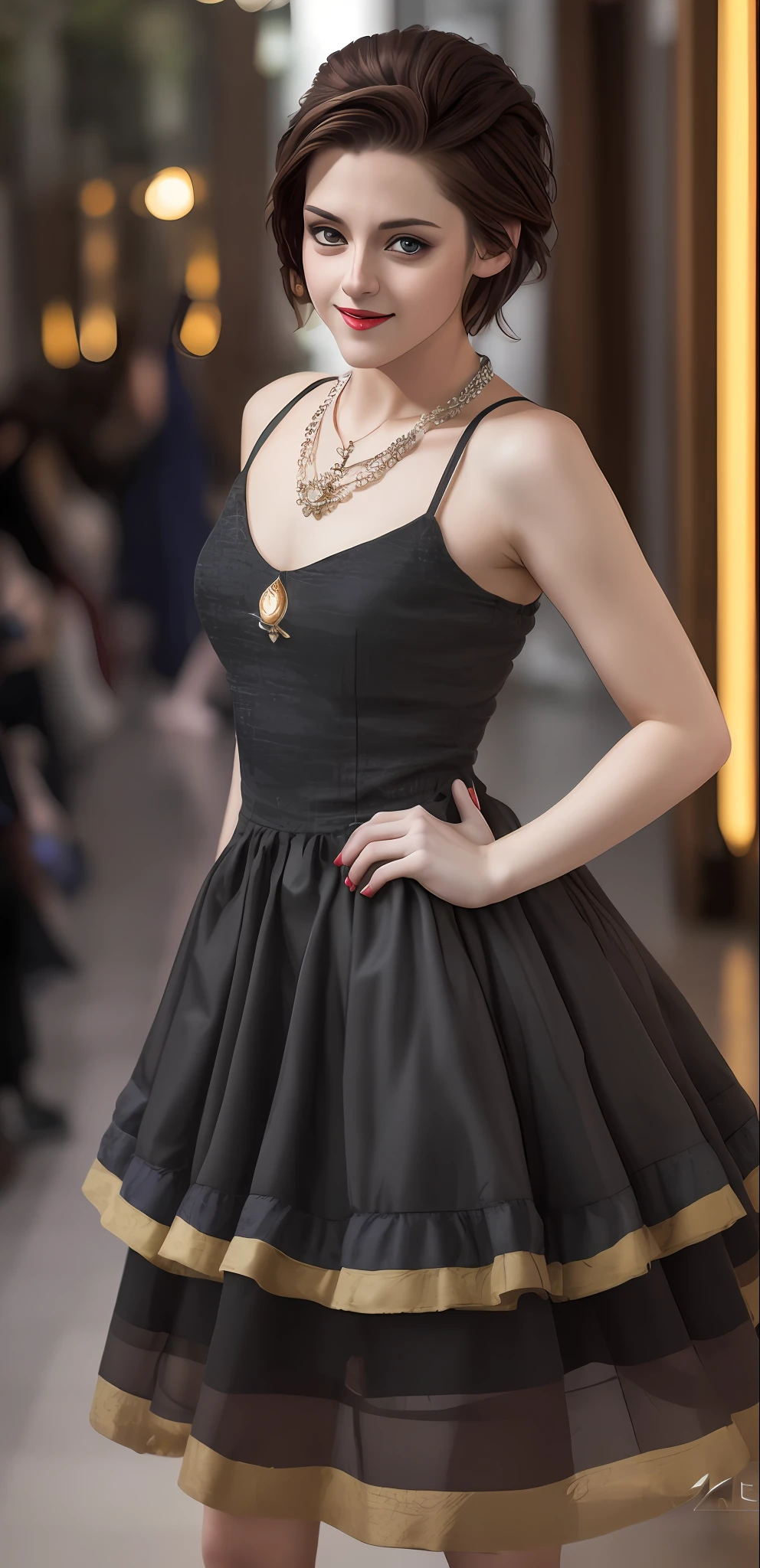 Best quality, masterpiece, high_res, girl, kristen Stewart, hair decoration, necklace, jewelry, beautiful detailed face, gray eyes, red full lips, big smile, face makeup, black hair, 
Short Hair, International Fashion, High Wear, Full Body Cover, Tight Dress, Full Body Detailed, Europe Effect, Multiplicity, Realistic Photos, Edge Lighting, Two-Tone Lighting, (High Detail Skin: 1.2), 8K UHD, DSLR, Soft Lighting, High Quality, Volumetric Lighting, Candid, Photography, High Resolution, 4K, 8K, Bokeh, Ridiculous,