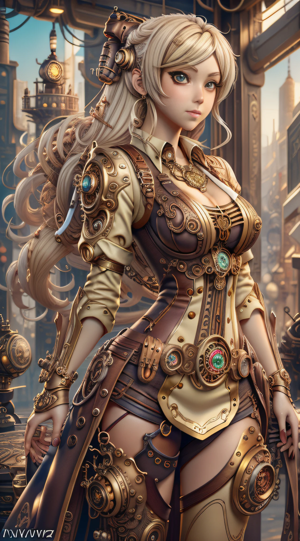 Blonde woman in steampunk costume,Guvitz at the art station Pixivív,Steampunk beautiful anime woman,Guvitz at the Pixiv Art Station,Guviz-style artwork,Kushat Krenz key art feminization,Popular on the ArtStation Pixiv,stunning character art,cyberpunk anime girl,detailed anime character art,steampunk concept art