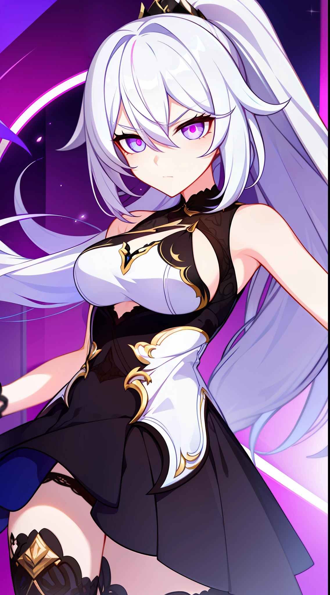 young girl, Long white hair, high ponytail, violet eyes, Rich sleeveless dress, open breasts, anger, Masterpiece, hiquality