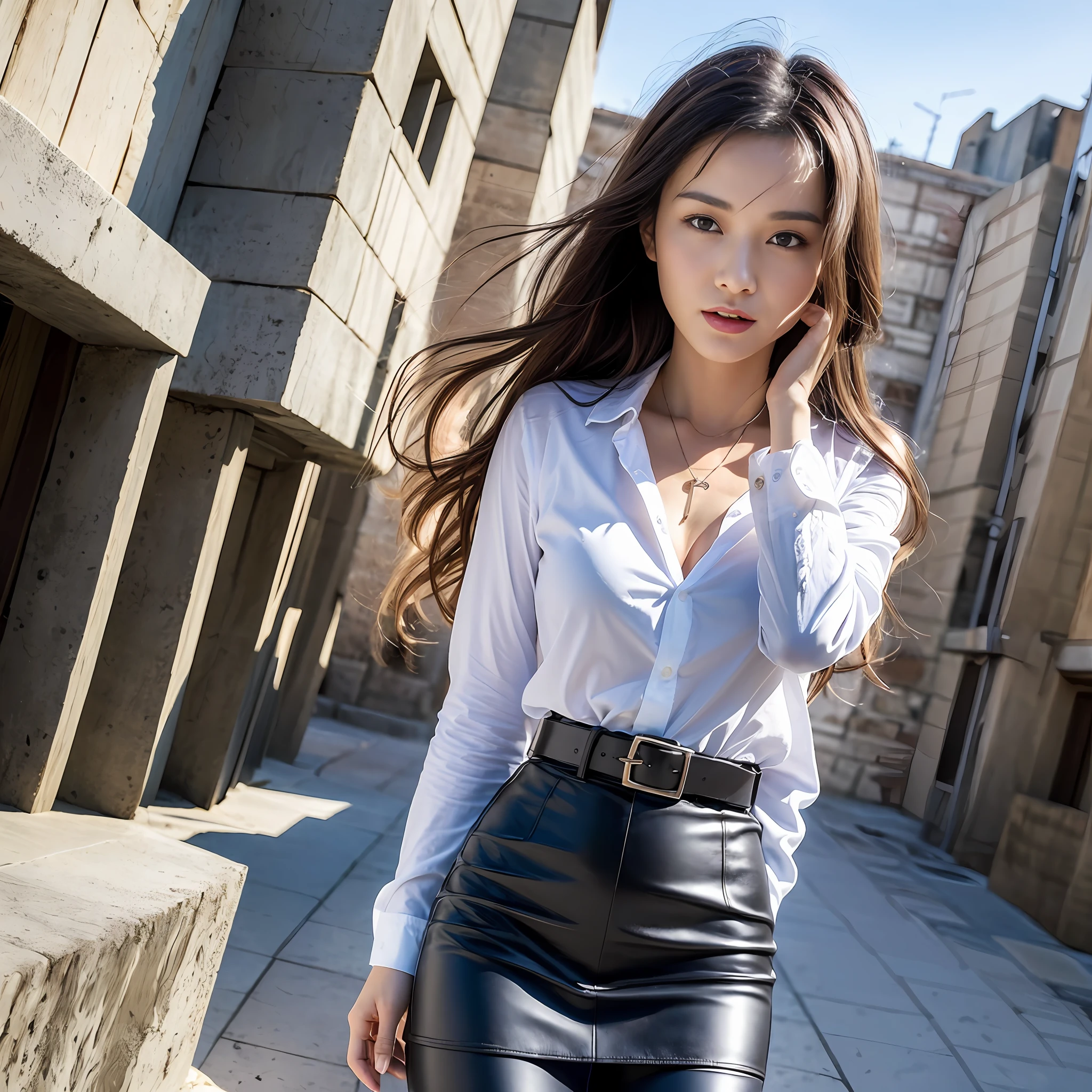 (top-quality、hight resolution、masterpiece:1.3)、Tall and cute woman、Slender Abs、Dark brown hair styled in loose waves、breastsout、Wearing a pendant、White button-up shirt、a belt、Black leather tight skirt、(Modern architecture in background)、Details exquisitely rendered in the face and skin texture、A detailed eye、二重まぶた