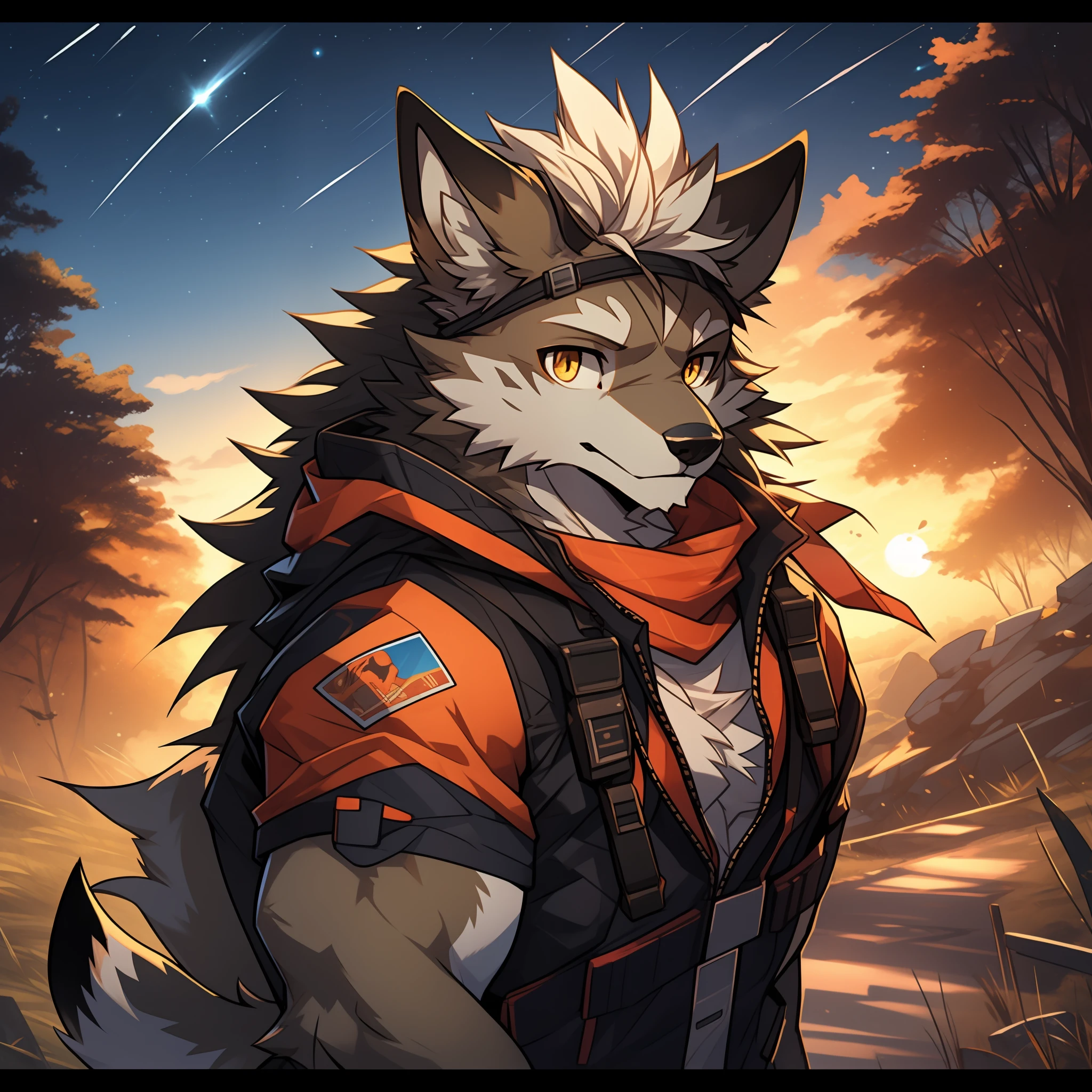 Furry,coyote,long whitr hair,Golden pupils,sniper gun,starrysky